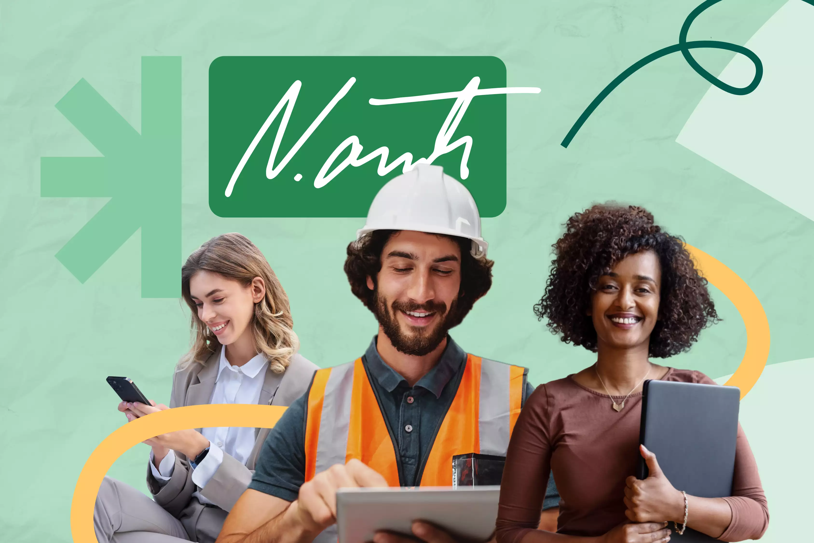 Das Bild zeigt drei berufstätige Personen aus verschiedenen Branchen, die digitale Geräte nutzen, begleitet von einer stilisierten digitalen Unterschrift in grünem Design. Es symbolisiert die universelle Einsetzbarkeit digitaler Signaturen in verschiedenen Arbeitsbereichen und Berufen. Ideal für Inhalte, die den Nutzen digitaler Workflows und Signaturen hervorheben.