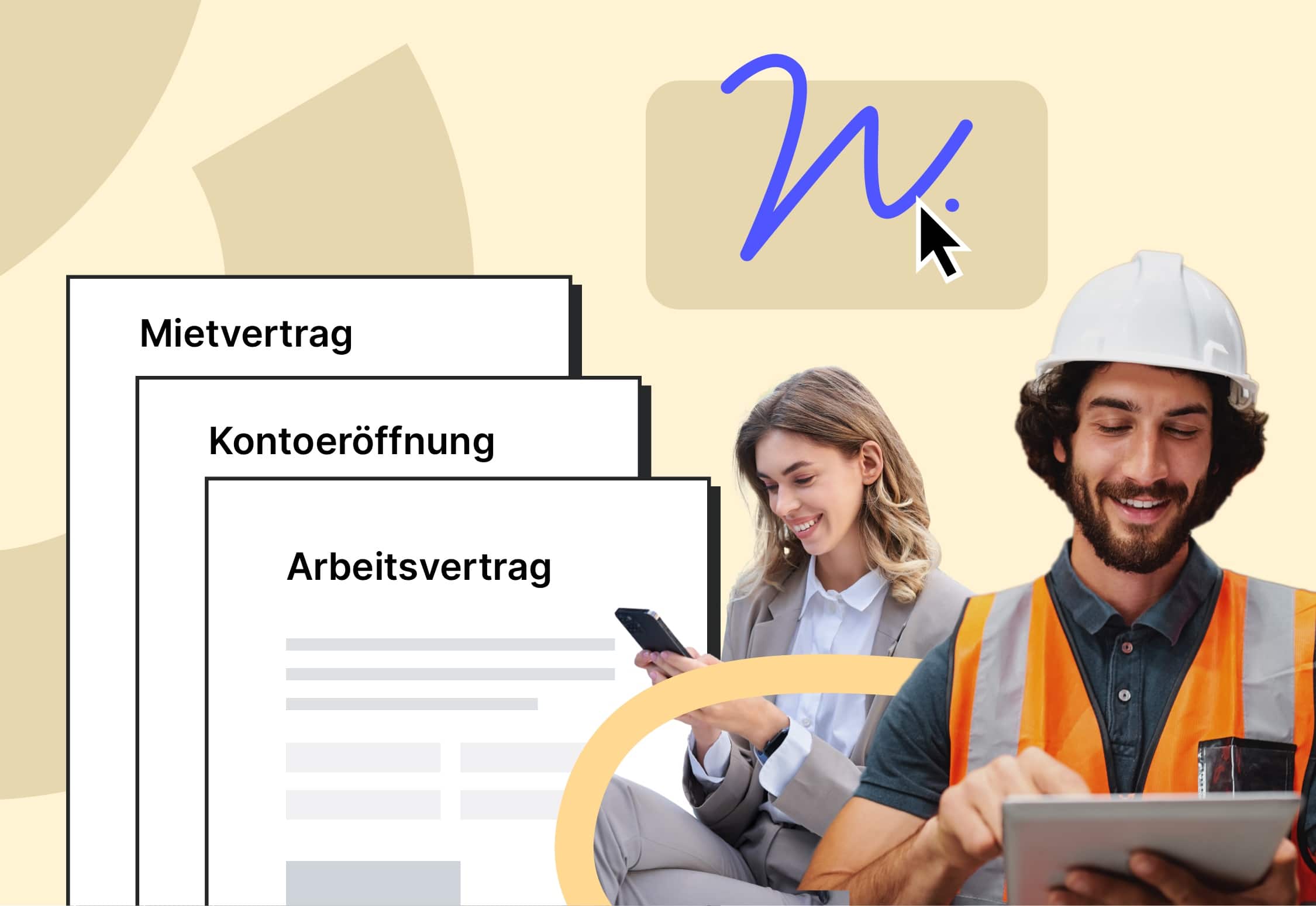 Die Grafik zeigt die Anwendung digitaler Signaturen im Alltag, wie bei Mietverträgen, Kontoeröffnungen und Arbeitsverträgen. Im Vordergrund sind Personen abgebildet, die elektronische Geräte nutzen, um Dokumente digital zu unterzeichnen. Ideal für Blog-Inhalte zu digitalen Workflows und moderner Vertragsabwicklung.