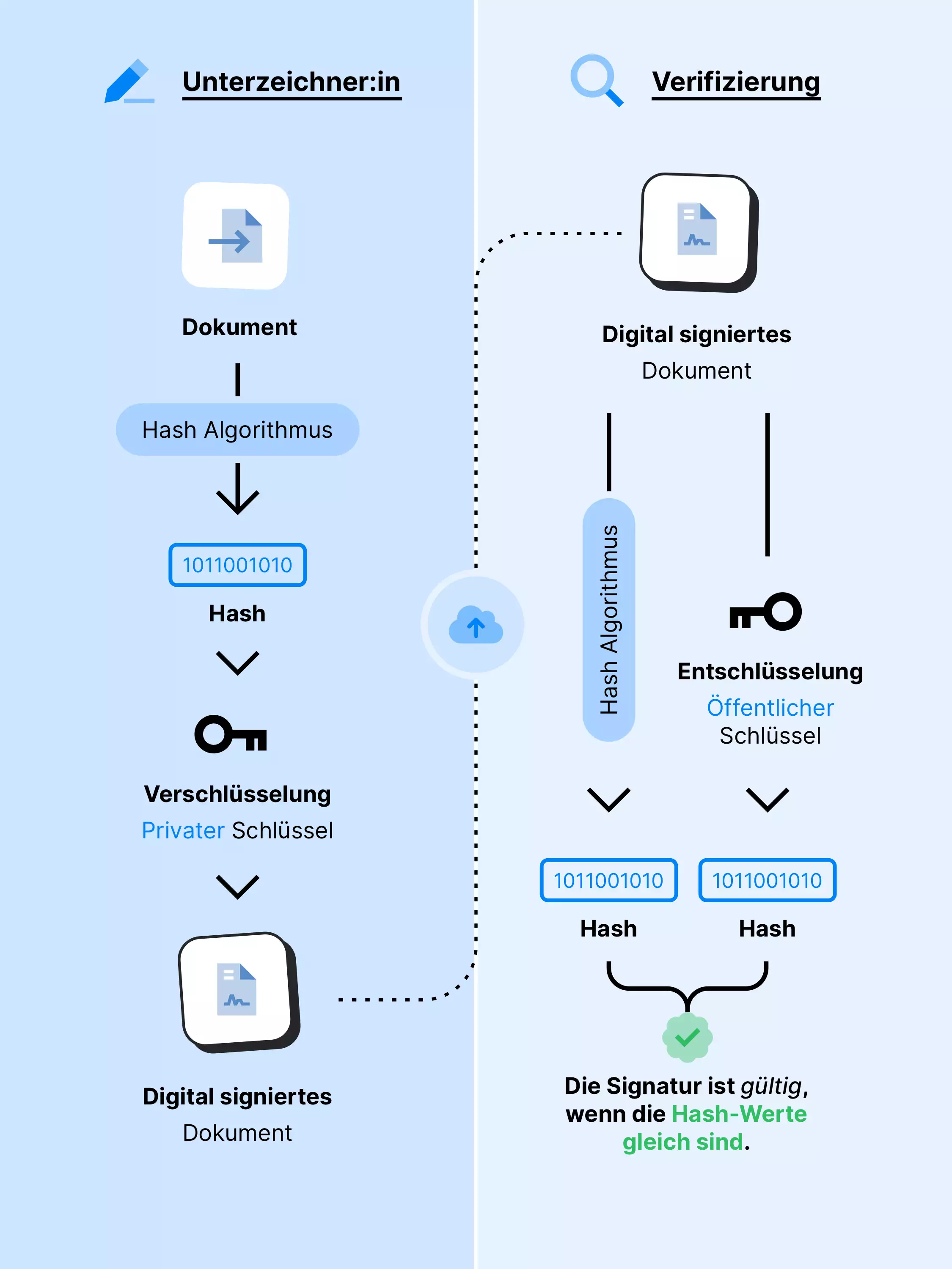 Grafik zur digitalen Signatur: Sie erklärt den Prozess der Erstellung und Verifizierung digitaler Signaturen. Gezeigt werden die Schritte von der Hash-Erstellung und Verschlüsselung mit einem privaten Schlüssel bis zur Verifizierung mit einem öffentlichen Schlüssel durch den Vergleich der Hash-Werte.