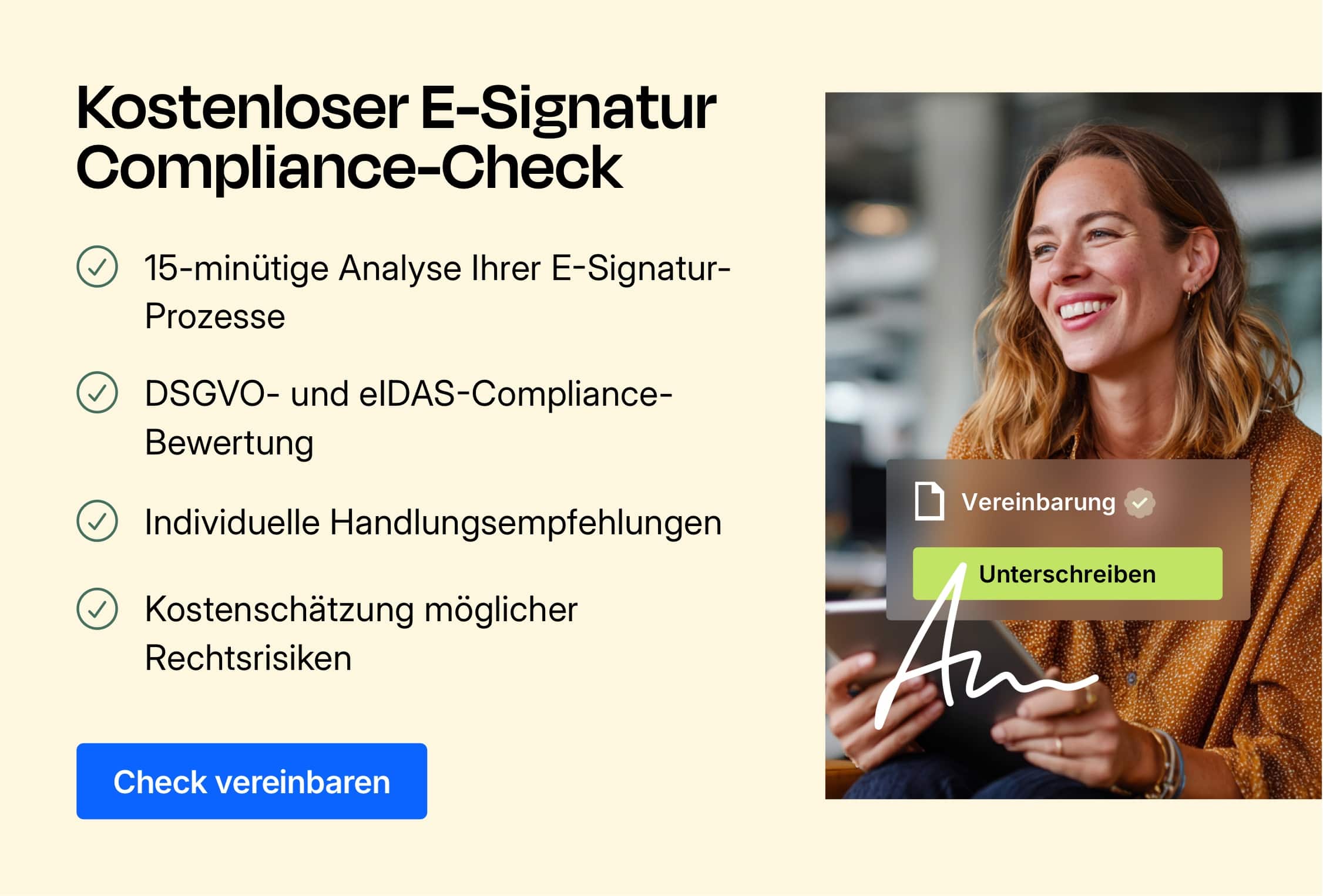 Call to action um eine kostenlosen Compliance-Check zu buchen, um das E-Signatur Werkzeug für Deutschland kennenzulernen