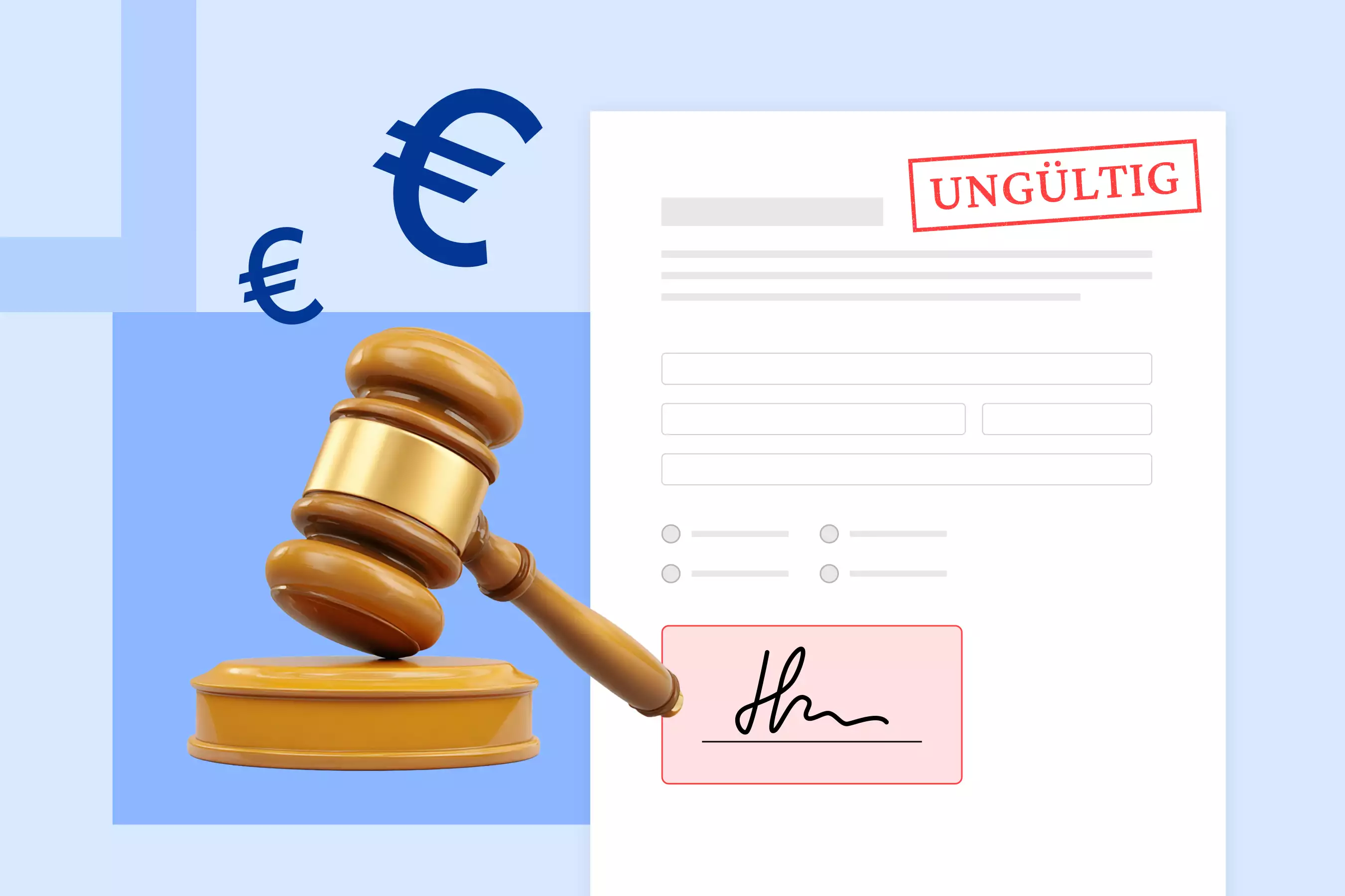 Richterhammer und Dokument mit ungültiger Signatur – Symbolbild für rechtlich unwirksame E-Signaturen