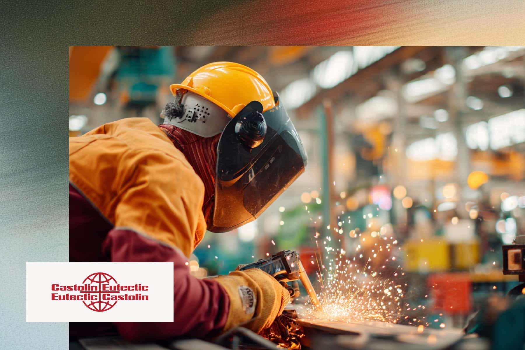 Ein Industriearbeiter in orangefarbener Schutzkleidung mit gelbem Helm und Schweißvisier bearbeitet ein Werkstück, dabei sprühen Funken. Im Hintergrund eine Werkshalle. Unten links das Logo von Castolin Eutectic.