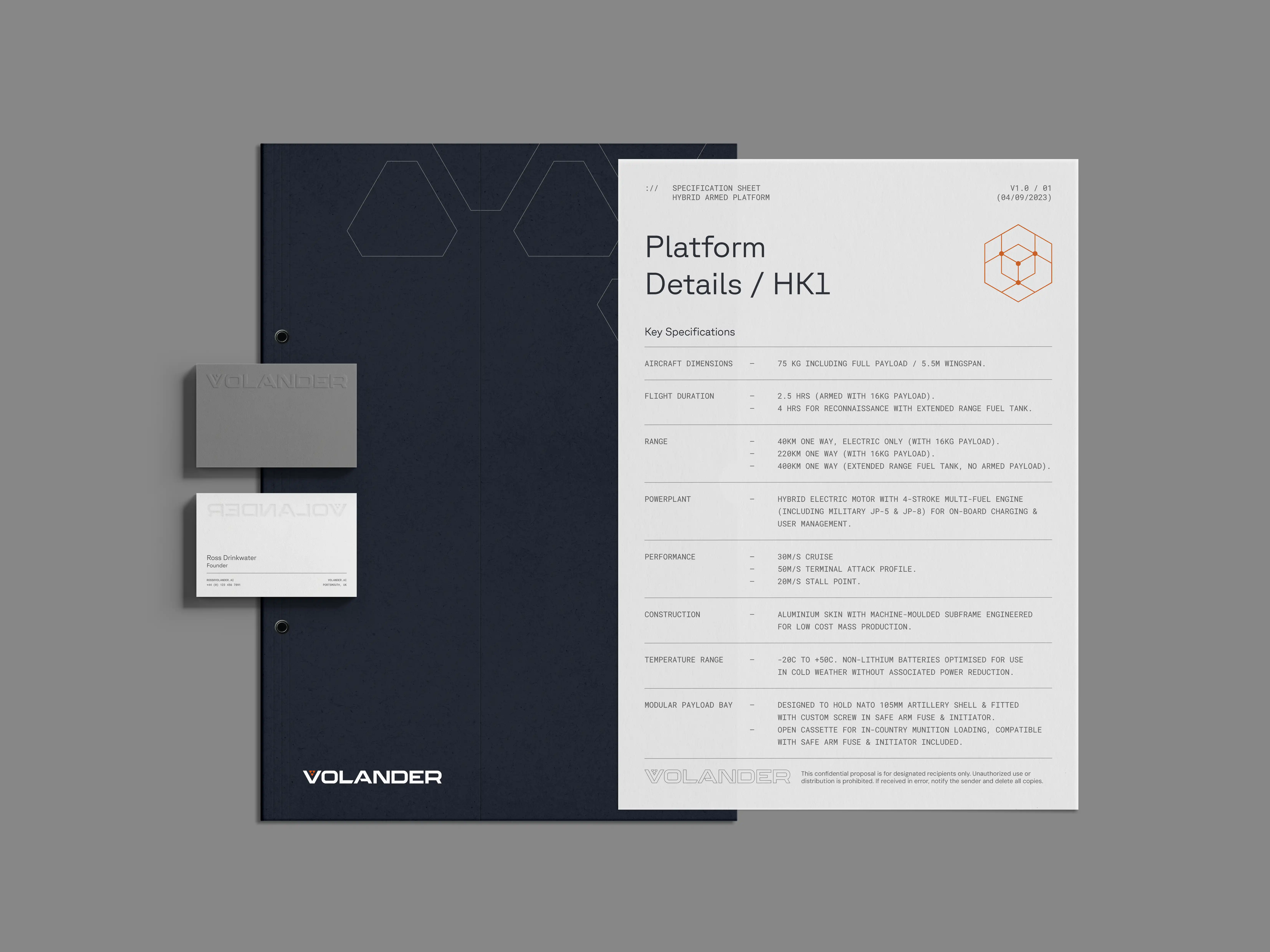 Volander branded stationery and technical specification sheet, featuring a dark blue presentation folder, embossed business cards, and a printed document outlining platform details for a hybrid armed aircraft.