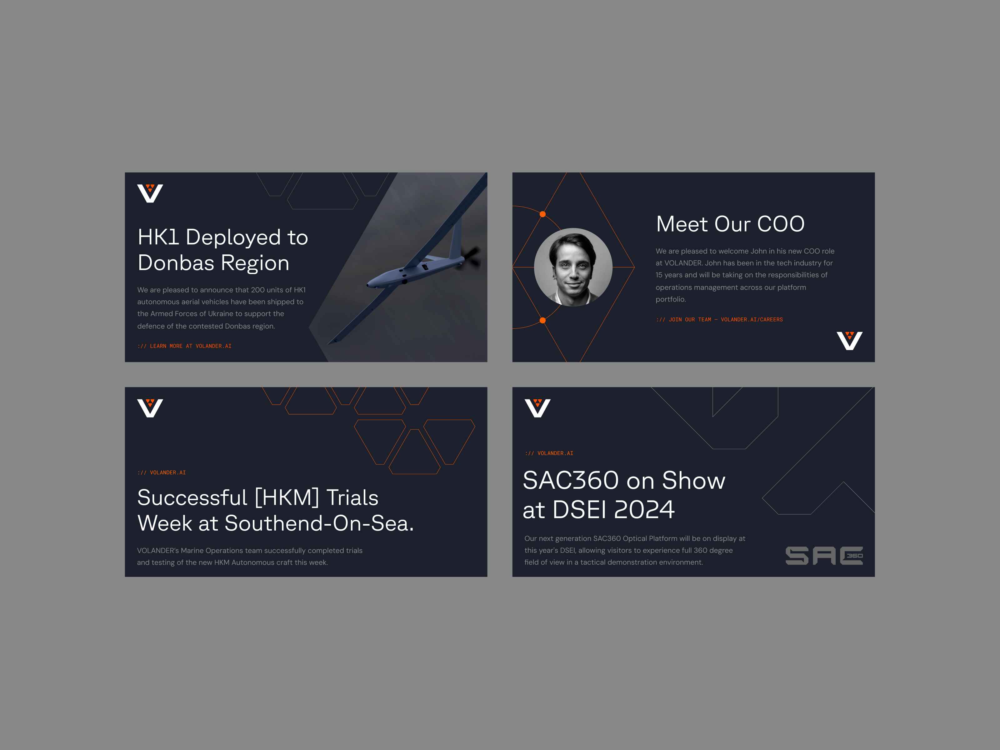 A set of four Volander-branded announcement tiles, including updates on the HK1 UAV deployment to Donbas, introduction of a new COO, successful [HKM] platform trials, and the SAC360 system being showcased at DSEI 2024. Each tile features dark backgrounds, 
