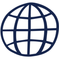 Dark blue globe icon with grid lines representing longitude and latitude.