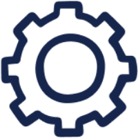 Dark blue gear icon with eight teeth and a circular center