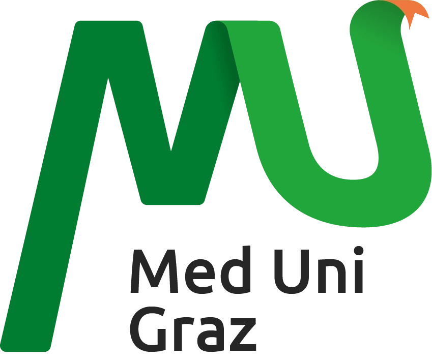 Logo der Medizinischen Universität Graz mit stilisiertem grünen M und S in Schlangenform.