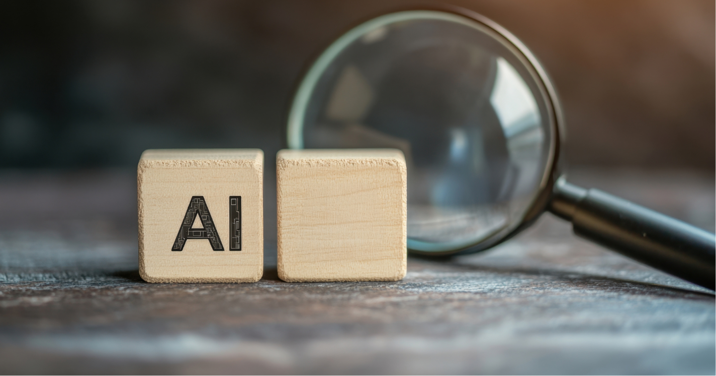 Blocs avec IA dessus avec une loupe derrière eux