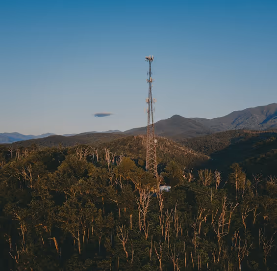 Telecommunication tower standing among forested hills with mountains in the background at sunset, illustrating Testudo’s mission to modernize infrastructure monitoring through integrated autonomous systems, AI, and advanced cybersecurity solutions.