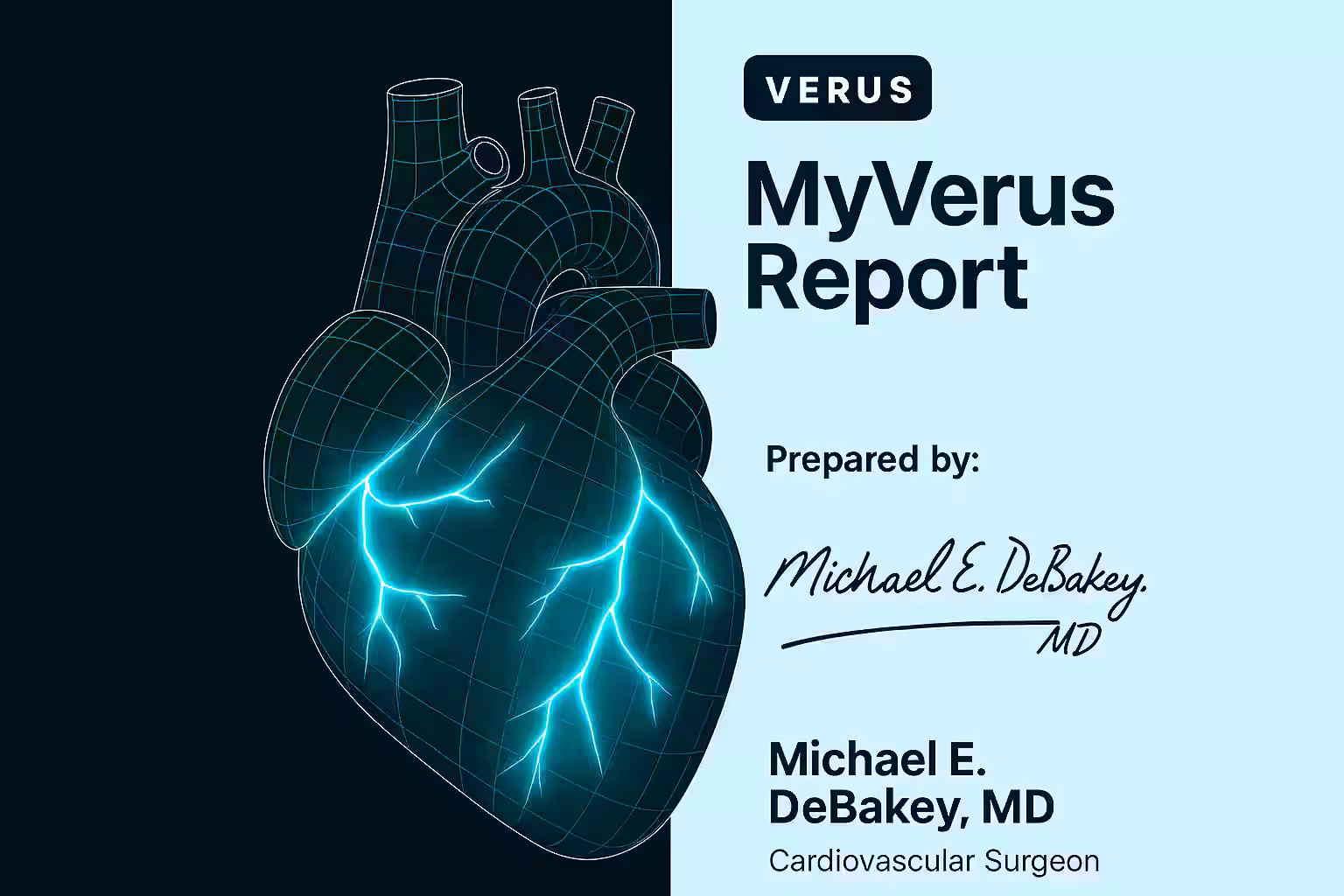 A MyVerus Report cover with a heart surgeons signature and an AI image of a heart.