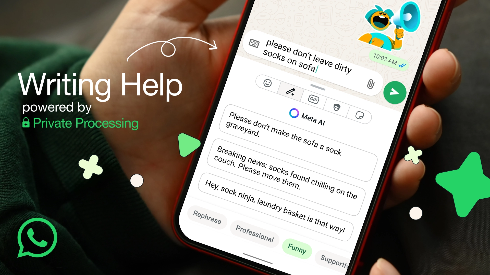 Mobilní telefon s novou funkcí Writing Help v aplikaci WhatsApp