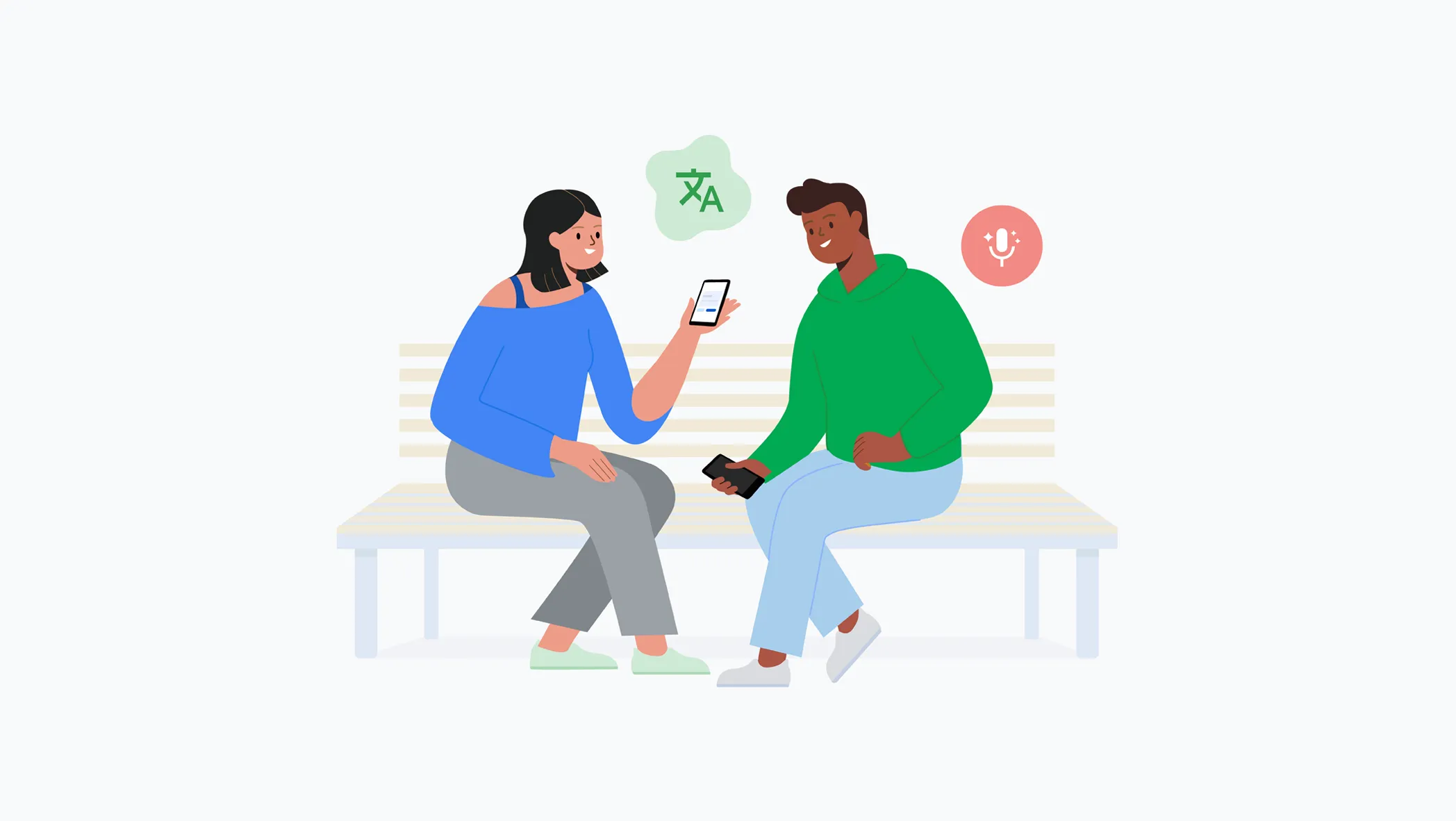 Obrázek dvou kreslených lidí hovořících přes Google překladač