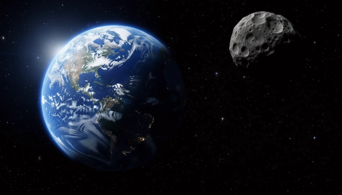 Obrázek země a asteroidu z vesmíru vytvořený ai