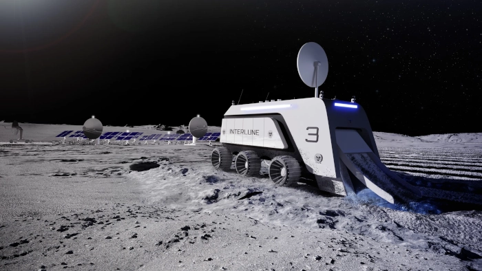 Vizuální model nového stroje od Interlune pro detekci a těžbu přírodních zdrojů z vesmíru