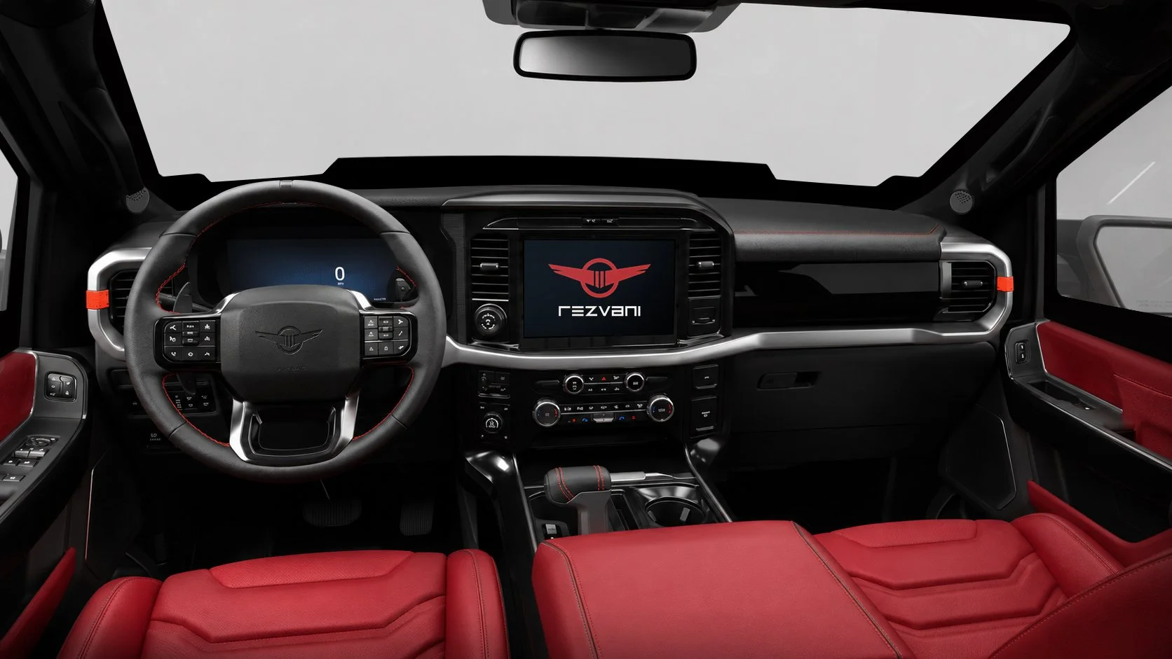 Pohled na pracoviště řidiče v Rezvani Fortress, kterému dominuje multifunkční volant a centrální displej s logem automobilky.