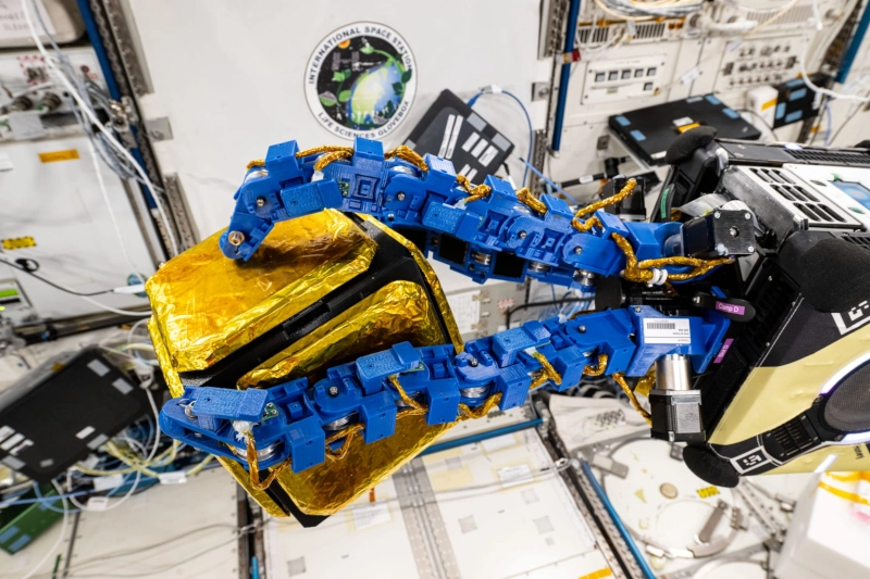 Astronautka NASA a velitelka expedice 72 Suni Williams sleduje robotický volně létající modul Astrobee, který je vybaven chapadlovitými rameny s přísavkami. Zdroj: NASA