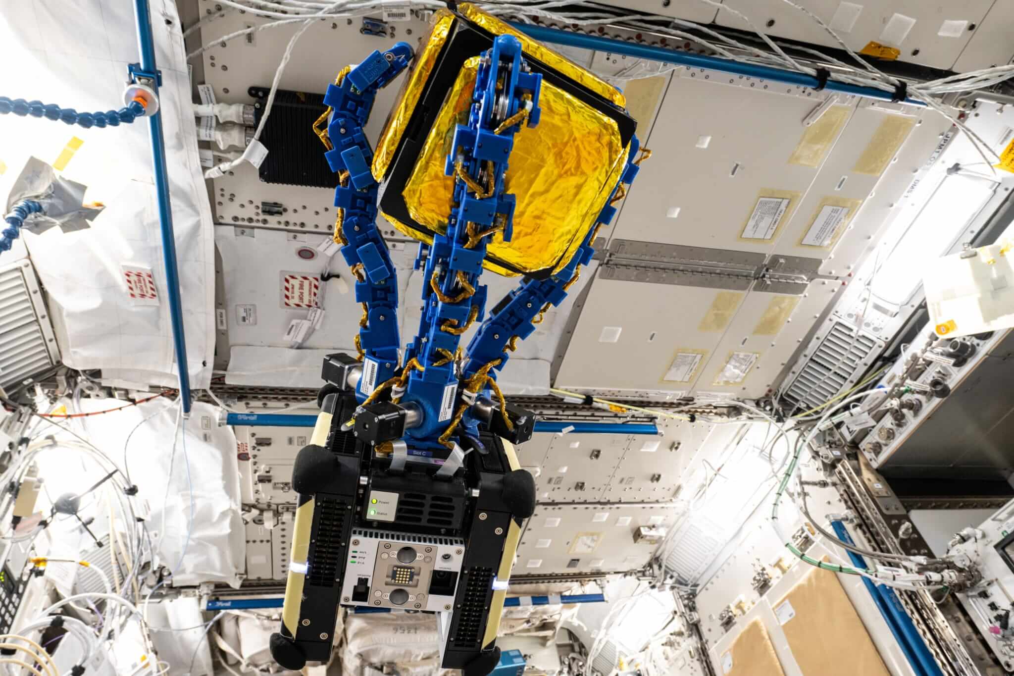 Modrá chapadlovitá ramena s přísavkami podobnými těm, jaké má gekon, připevněná k robotickému letounu Astrobee, se natahují a uchopují „záchytný krychlový modul“ uvnitř laboratorního modulu Kibo na Mezinárodní vesmírné stanici. 