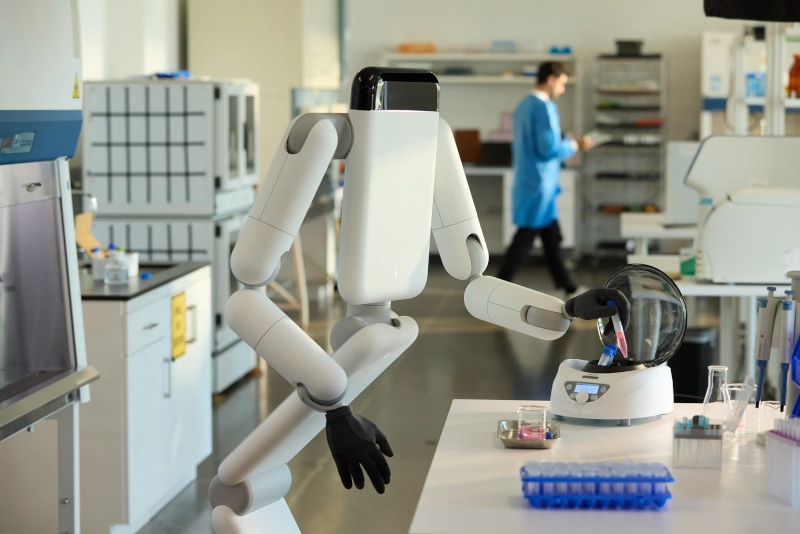 Robot Eno v laboratoři vkládá mechanickými prsty zkumavku s růžovou tekutinou do centrifugy. V pozadí prochází osoba v modrém plášti.