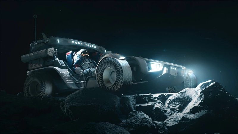 Vizualizace lunárního roveru Moon RACER od Intuitive Machines na skalnatém svahu.