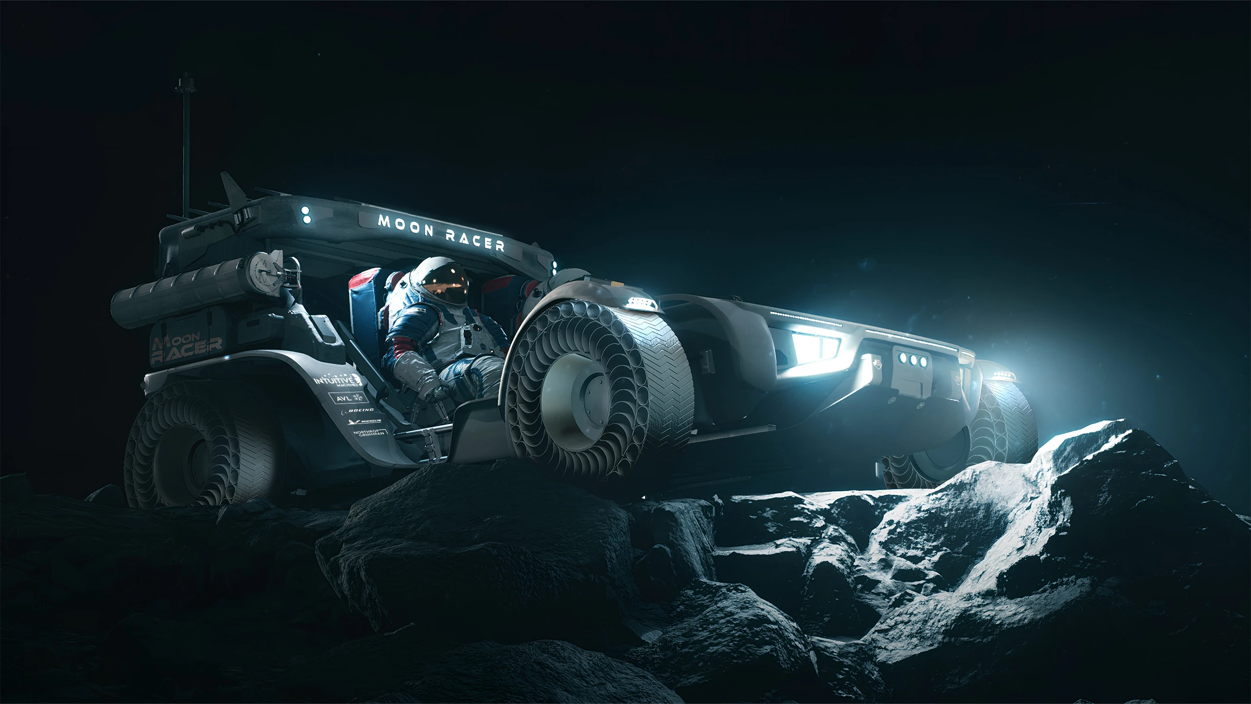 Vizualizace lunárního roveru Moon RACER od Intuitive Machines na skalnatém svahu.