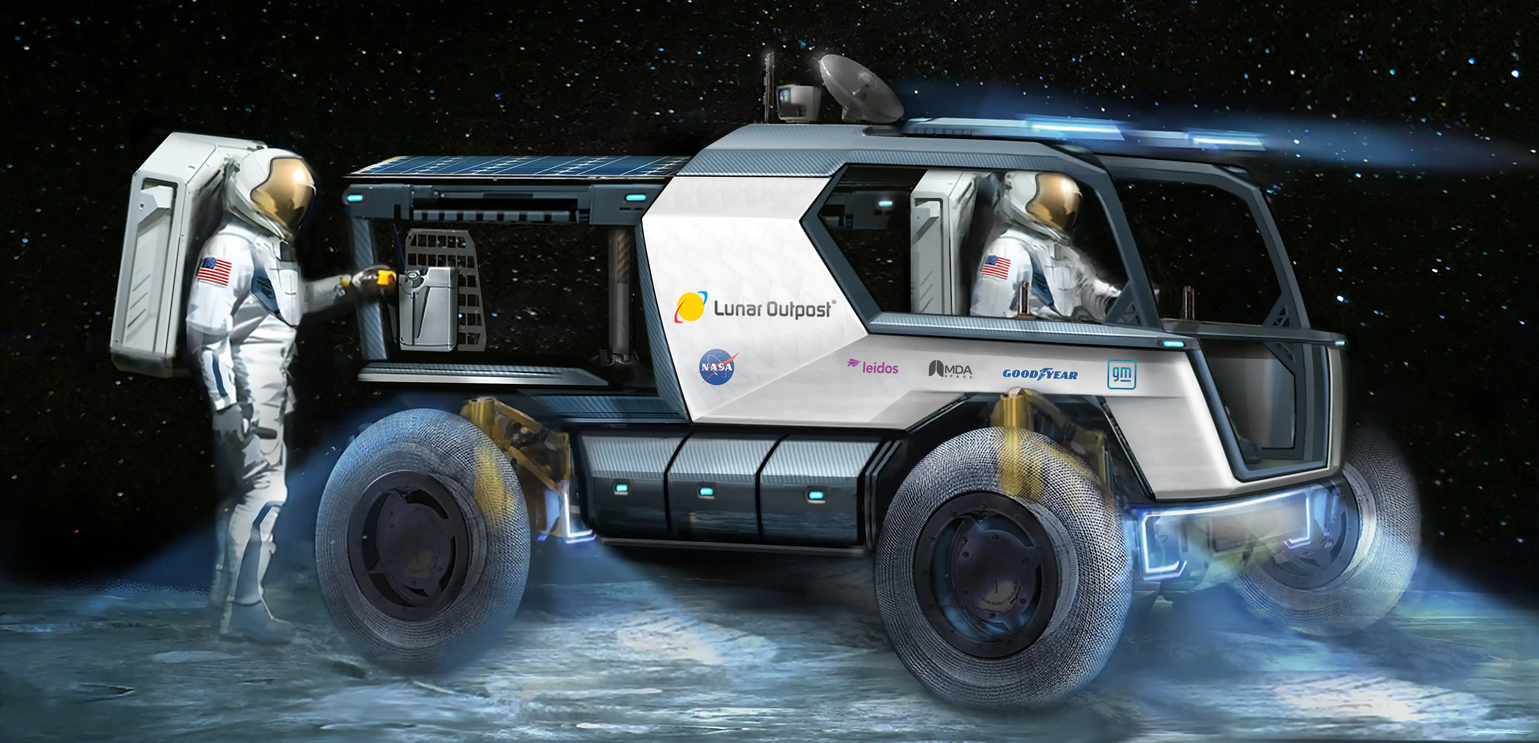 Lunární rover Pegasus LTV od Lunar Outpost a tlakový rover Lunar Cruiser od Toyoty a JAXA. (Vizualizace)
