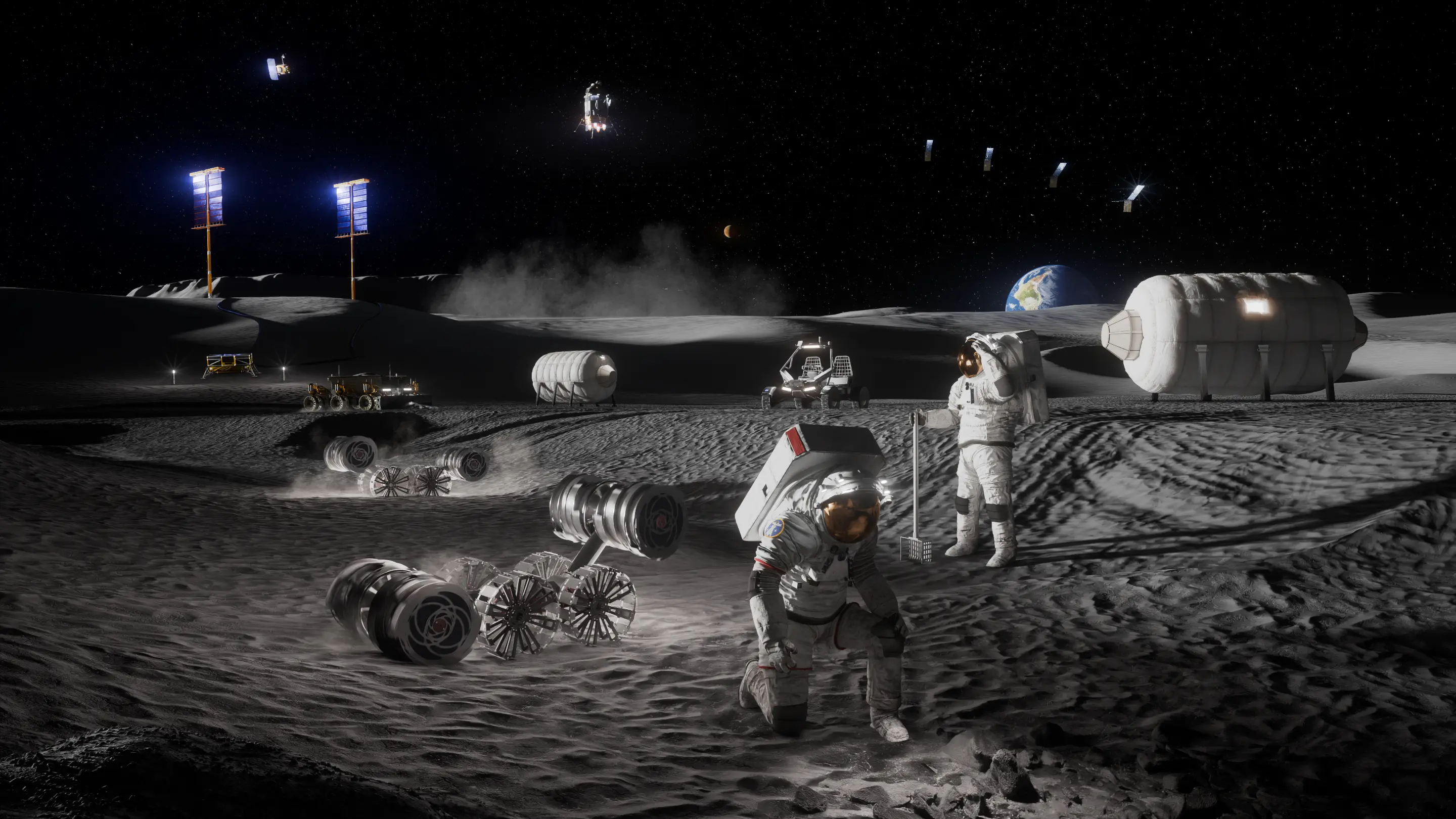 Vizualizace budoucí měsíční základny se solárními panely, rovery a astronauty na jižním pólu Měsíce.