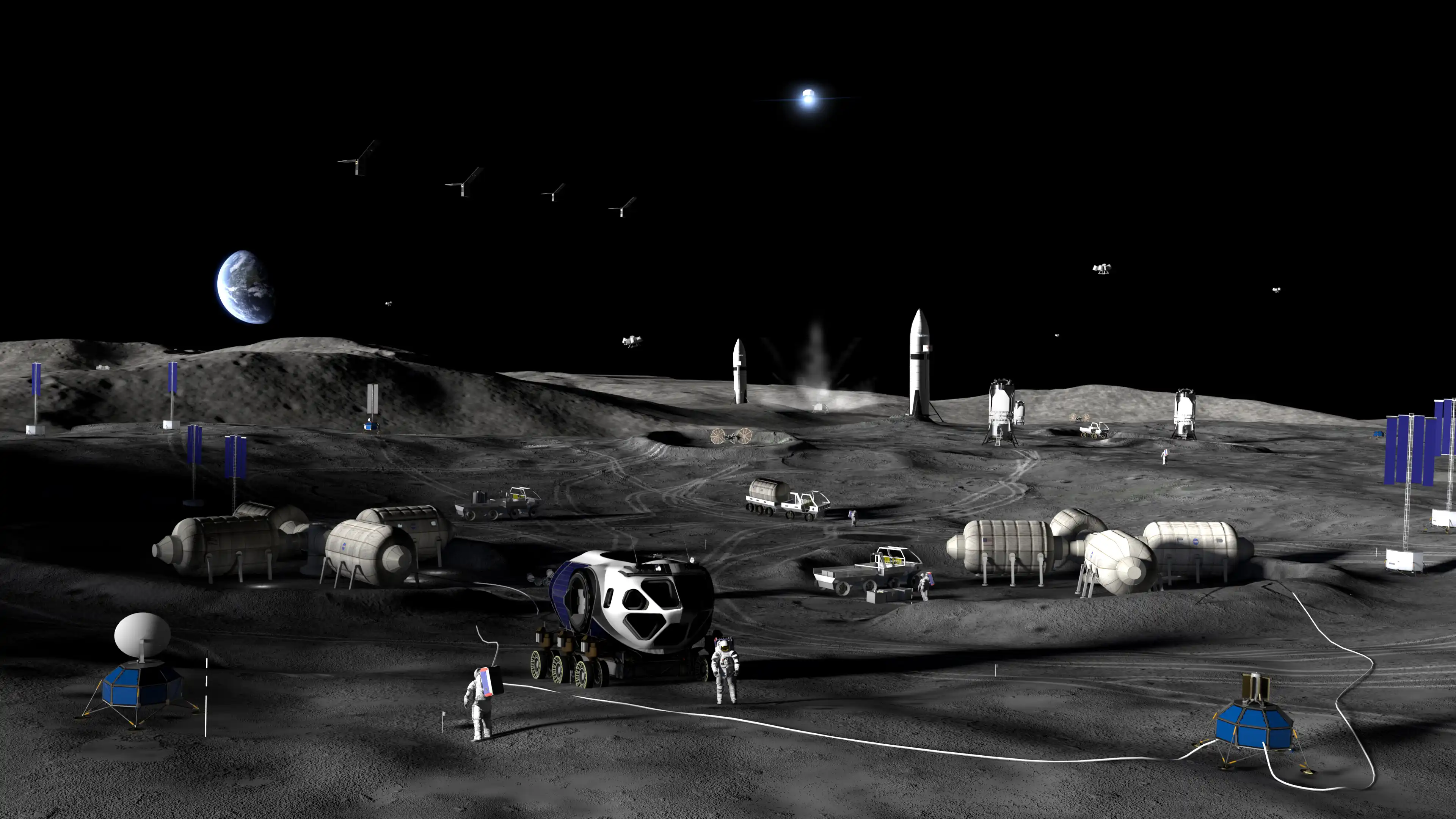 Vizualizace budoucí měsíční základny se solárními panely, rovery a astronauty na jižním pólu Měsíce.