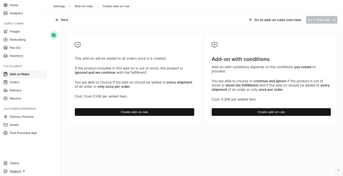 add-ons rule screen
