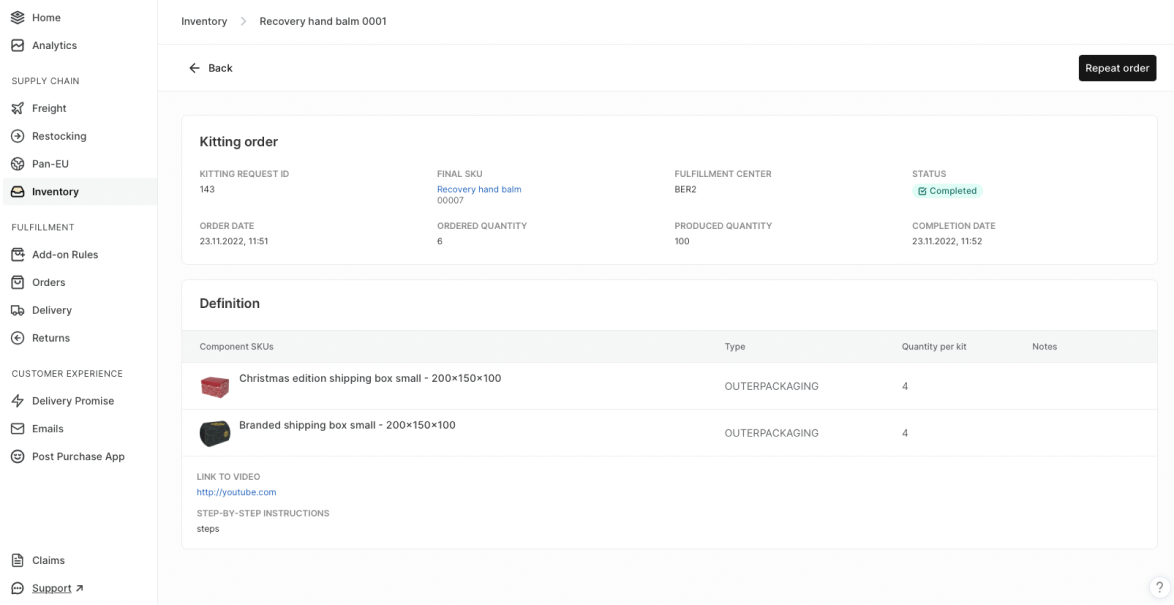 kitting order screen