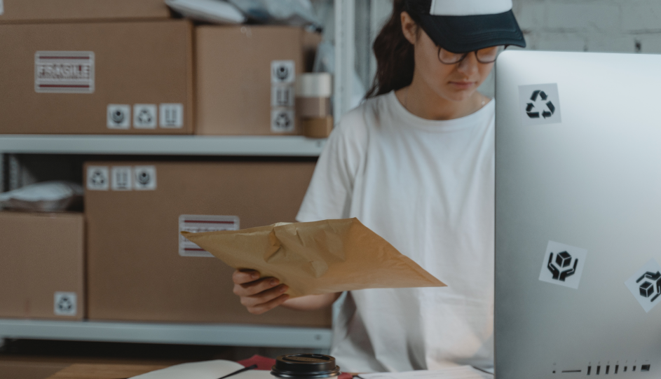 woman packing an order at a packing station in the warehouse