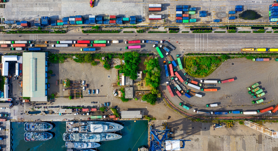 a birds eye view of a shipping yard