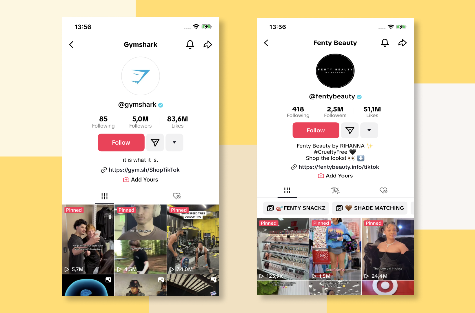 Image comparing Fenty Beauty and Gymshark on TikTok to show the difference in TikTok ads strategy.