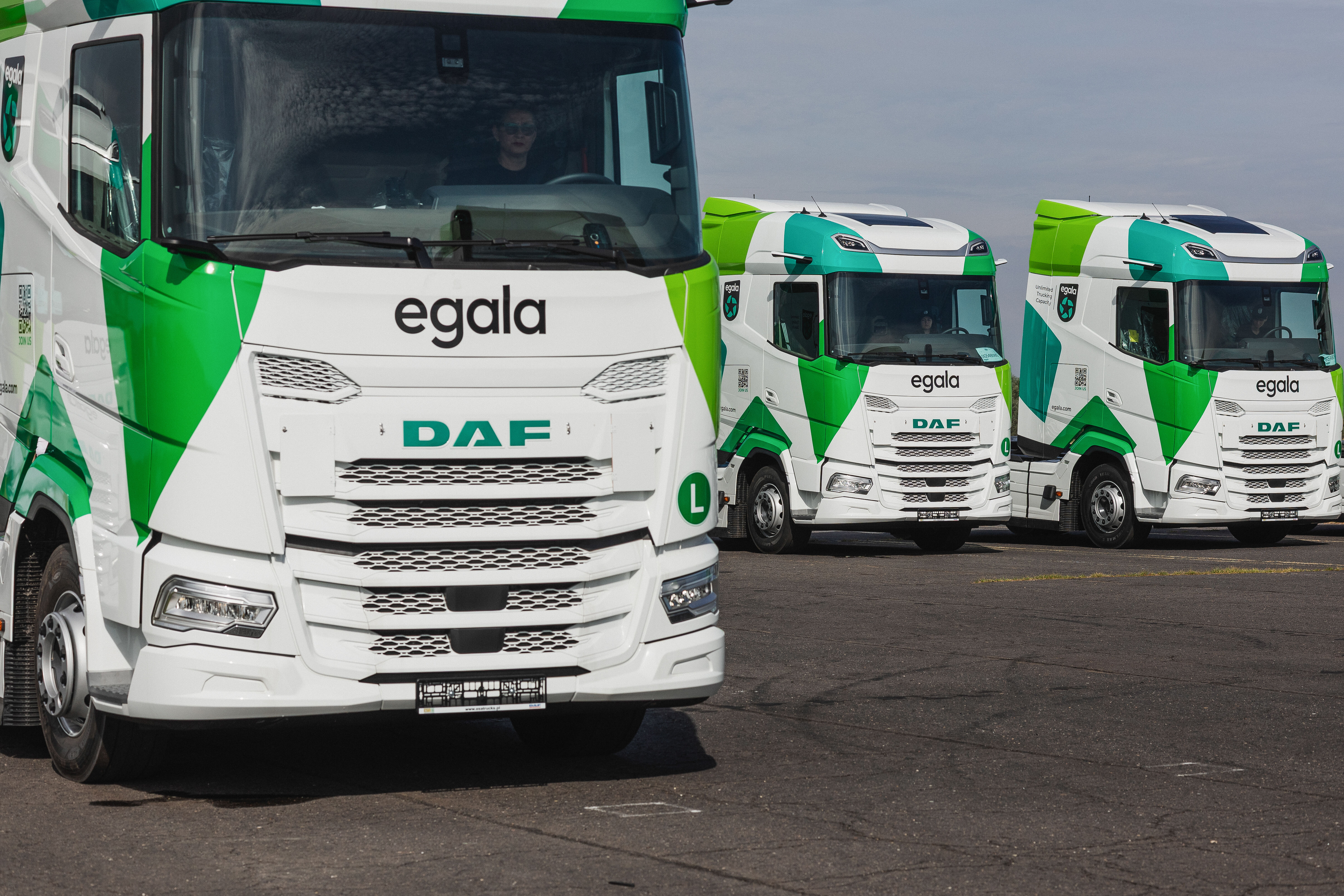 Egala by Boekestijn modern DAF trucks in green and white branding, showcasing fleet capacity, sustainable transport, and reliable European logistics services.