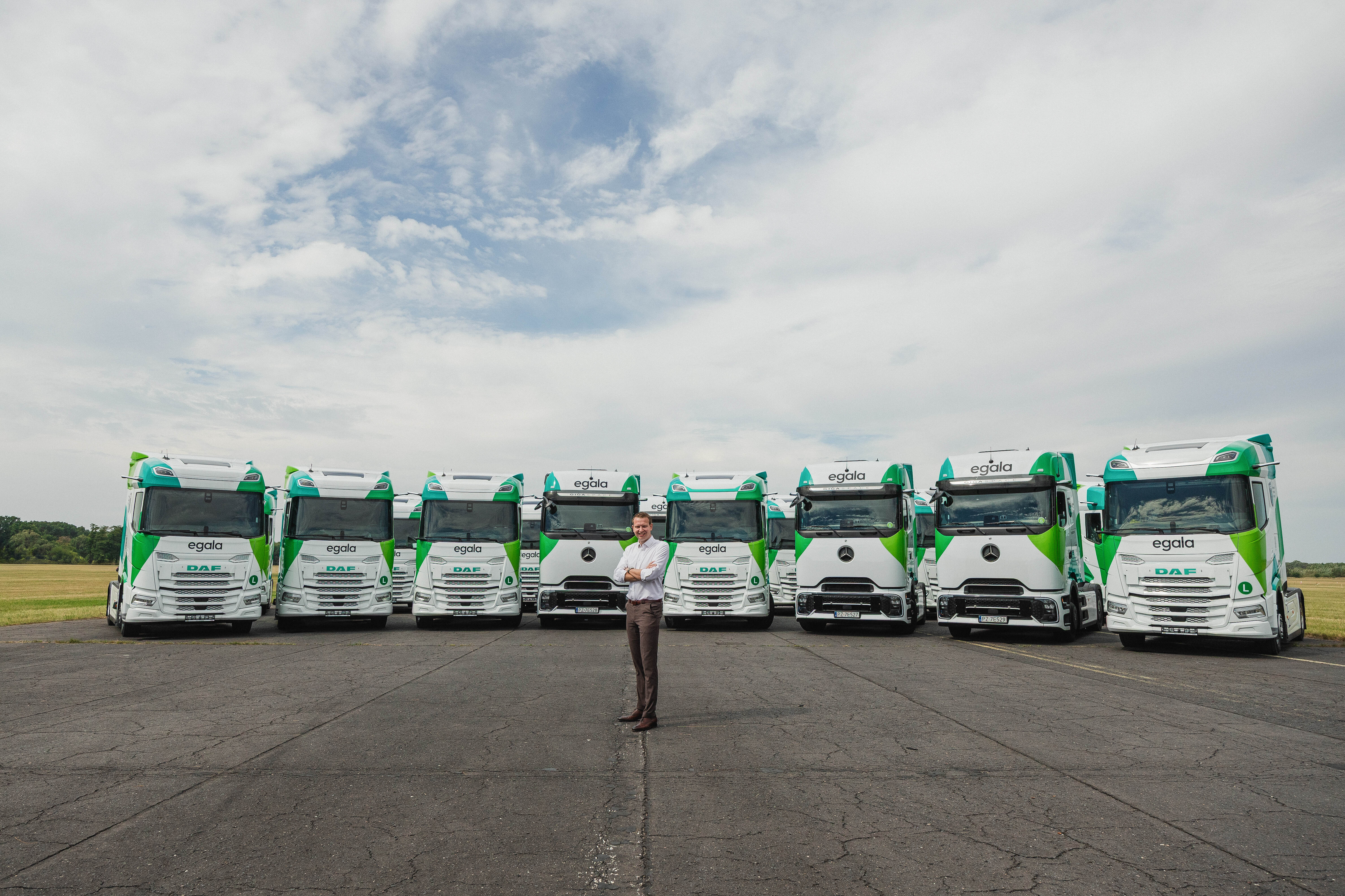 Egala by Boekestijn fleet of modern DAF and Mercedes-Benz trucks lined up in Europe, showcasing Unlimited Trucking Capacity and reliable transport solutions.