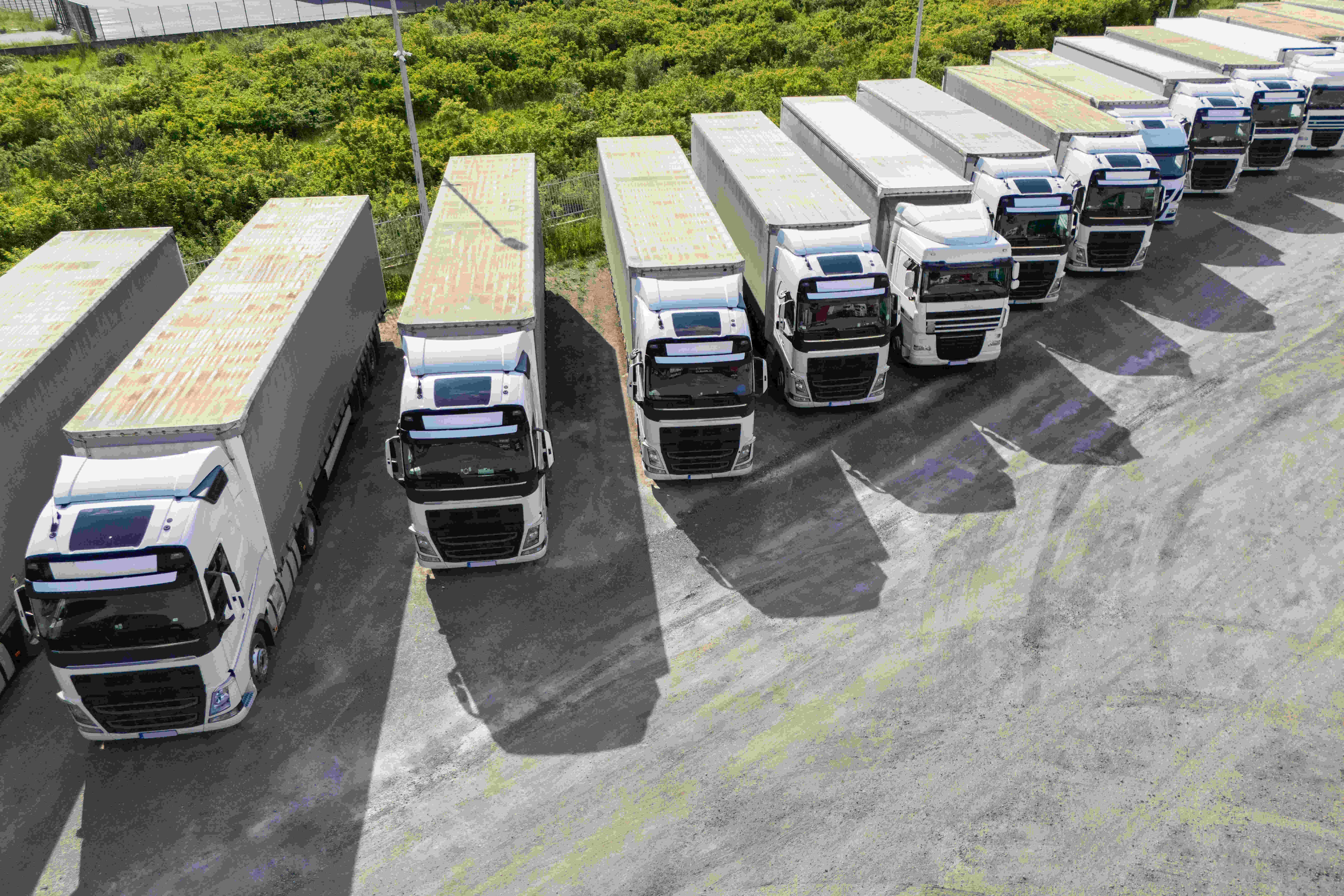 Line of modern commercial trucks parked at a logistics site, representing efficient fleet operations and European trucking standards