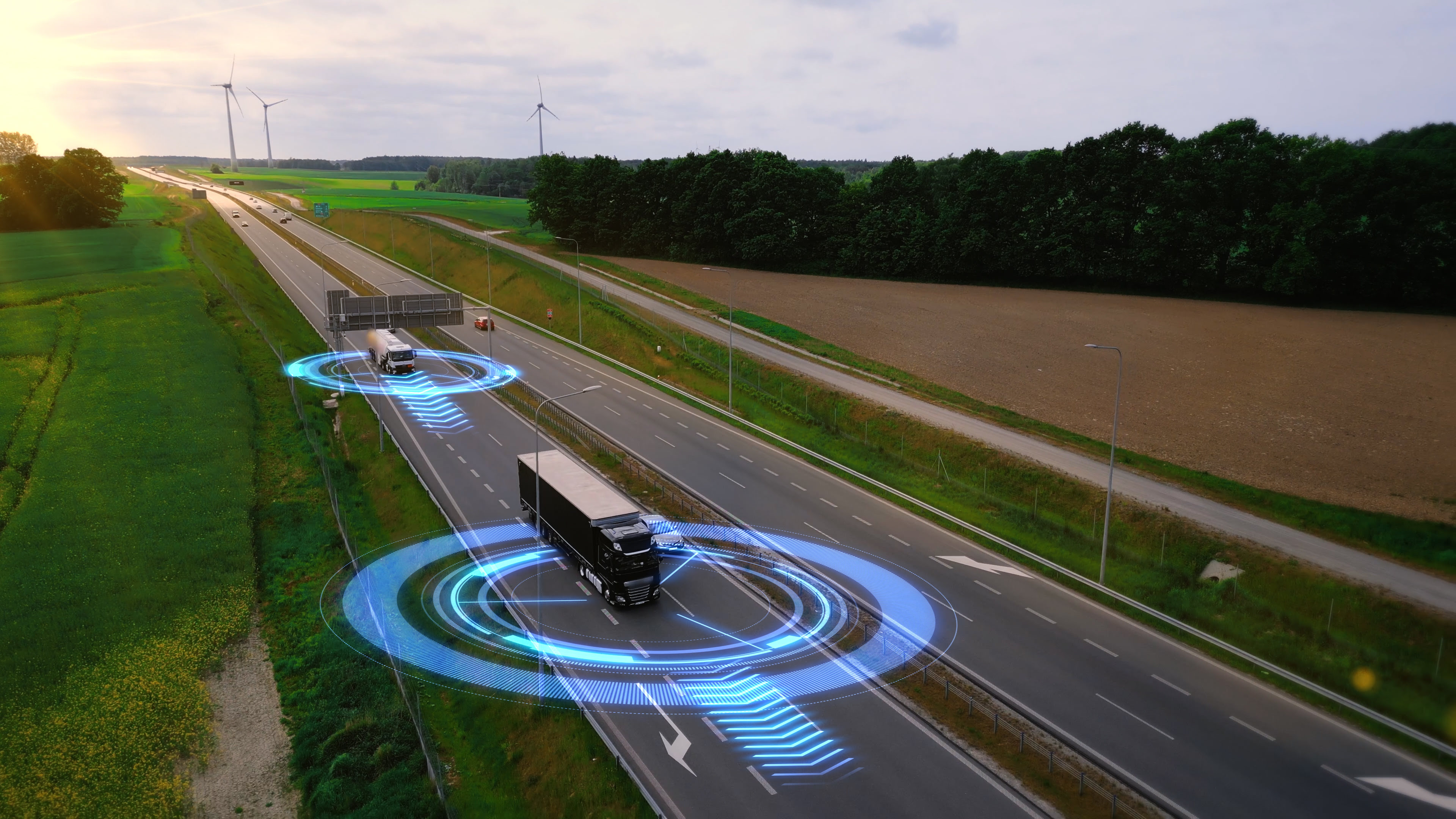 Egala trucks on a European highway using connected digital technology, AI and real-time data for smarter and more efficient trucking.