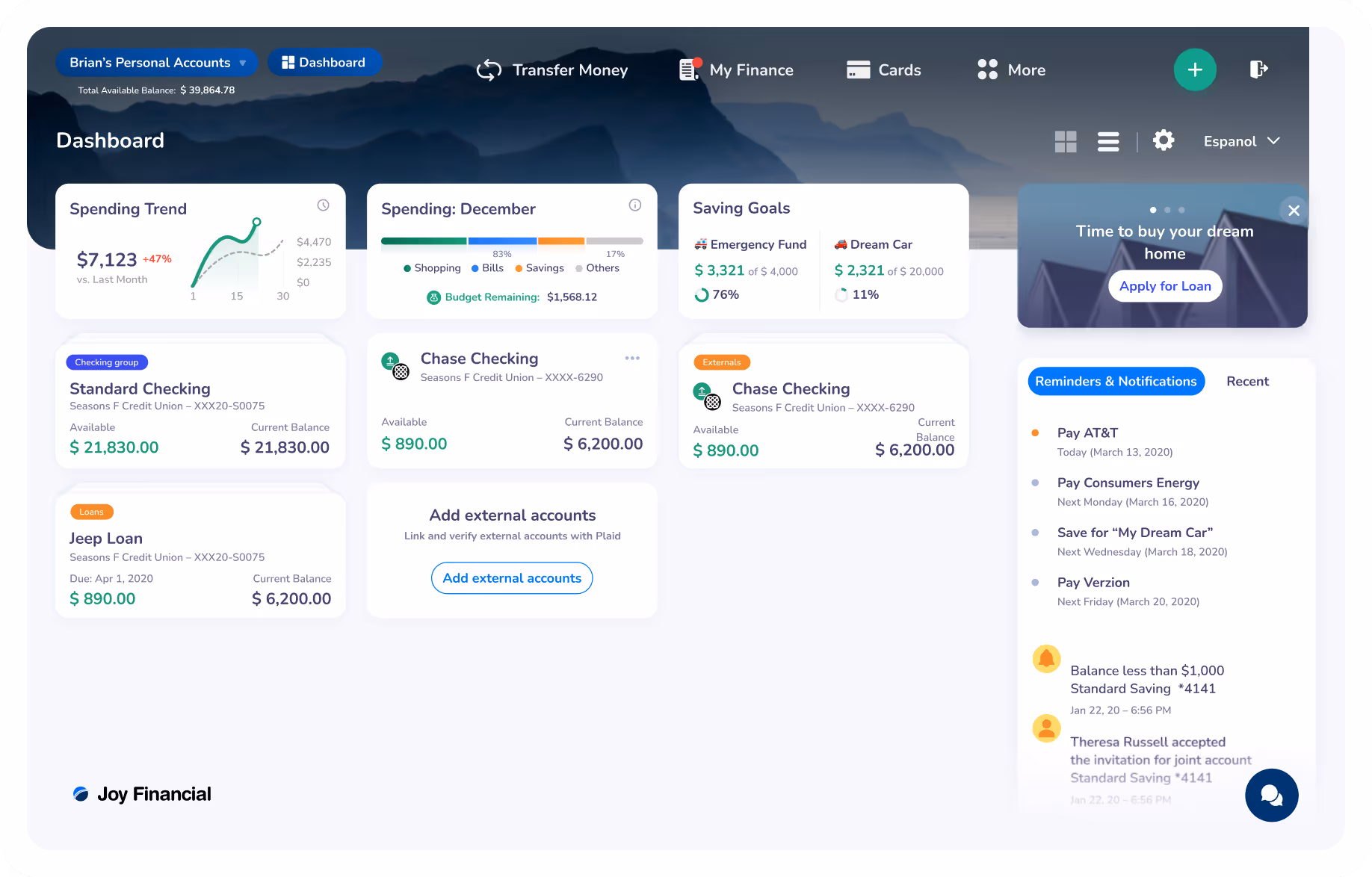 Bankjoy app dashboard