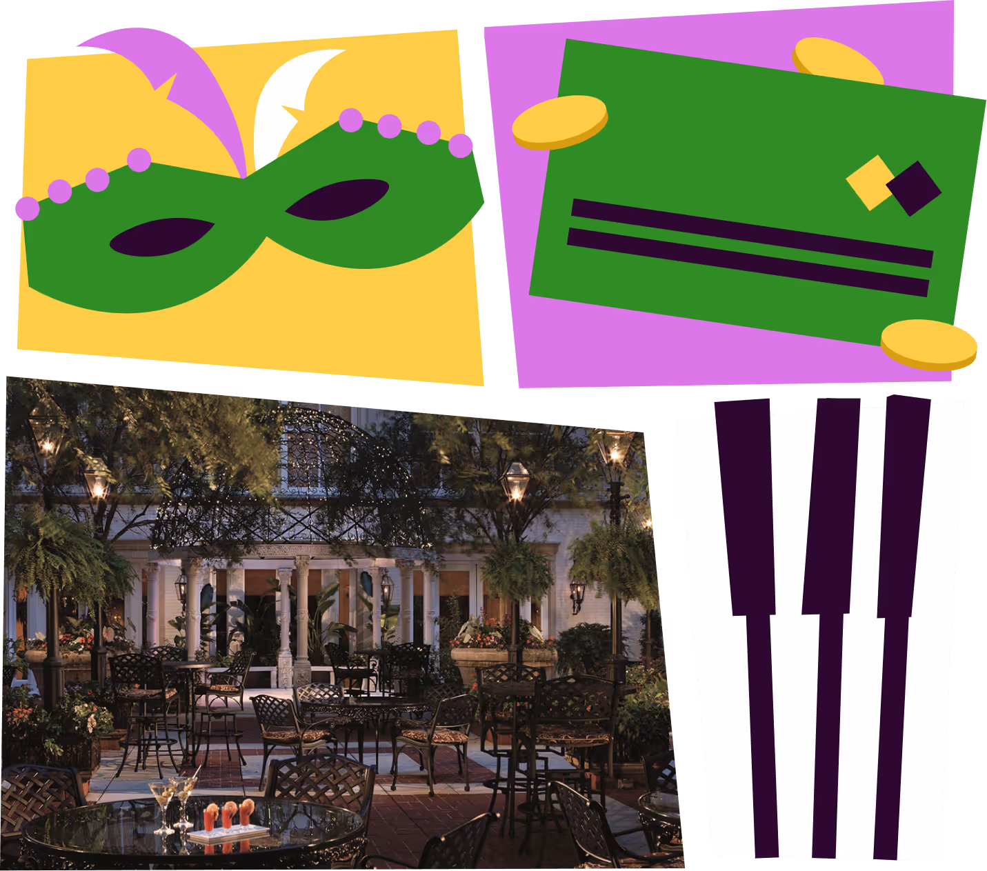 Outdoor patio with metal tables and chairs, surrounded by plants and lit by decorative lanterns at dusk, alongside illustrations of a green masquerade mask, gold coins and green card, and piano keys.