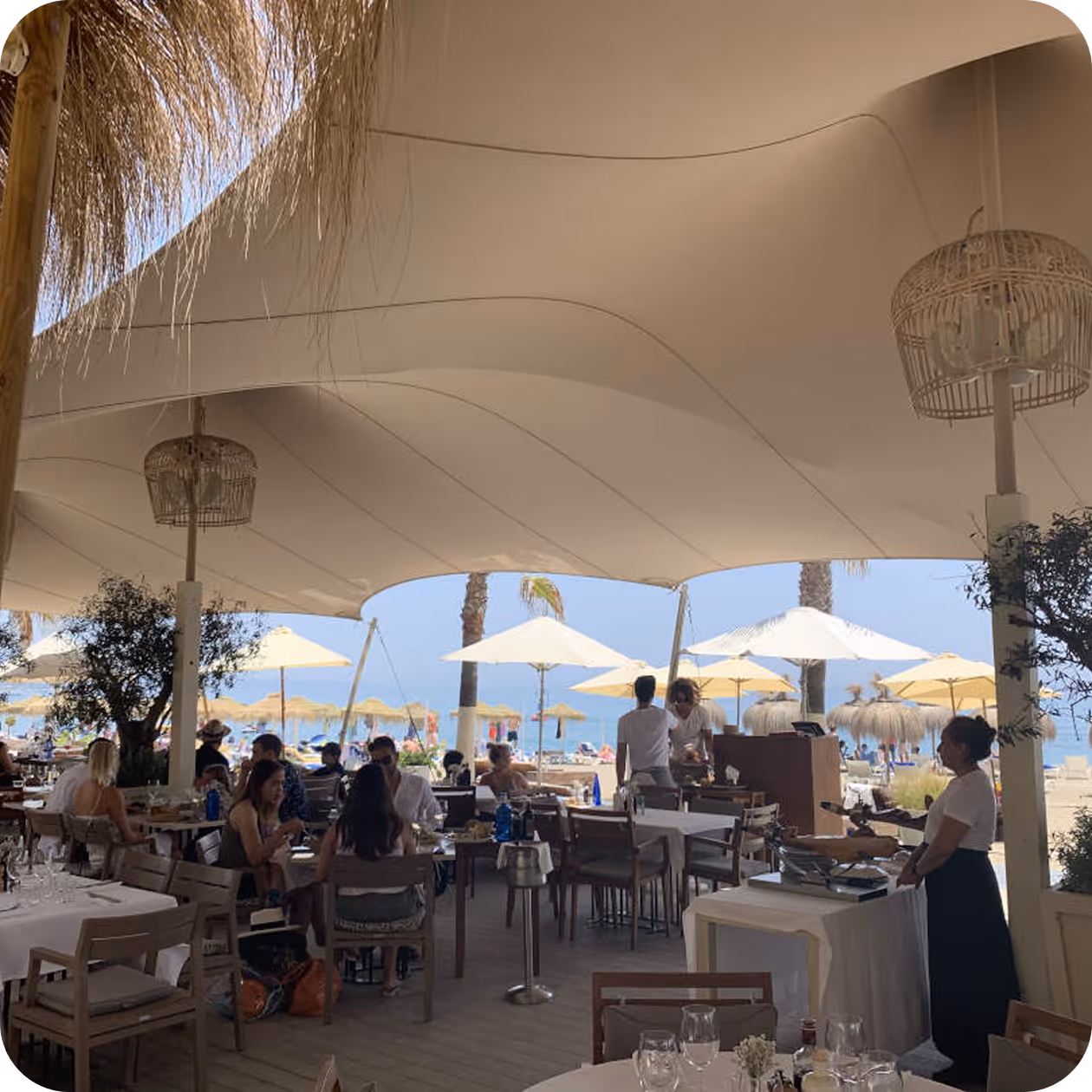 A group of people sitting at tables under umbrellas.