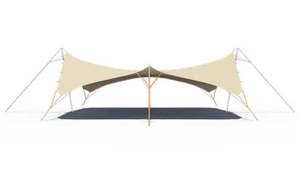 A tent with two poles and a tarp on the ground.