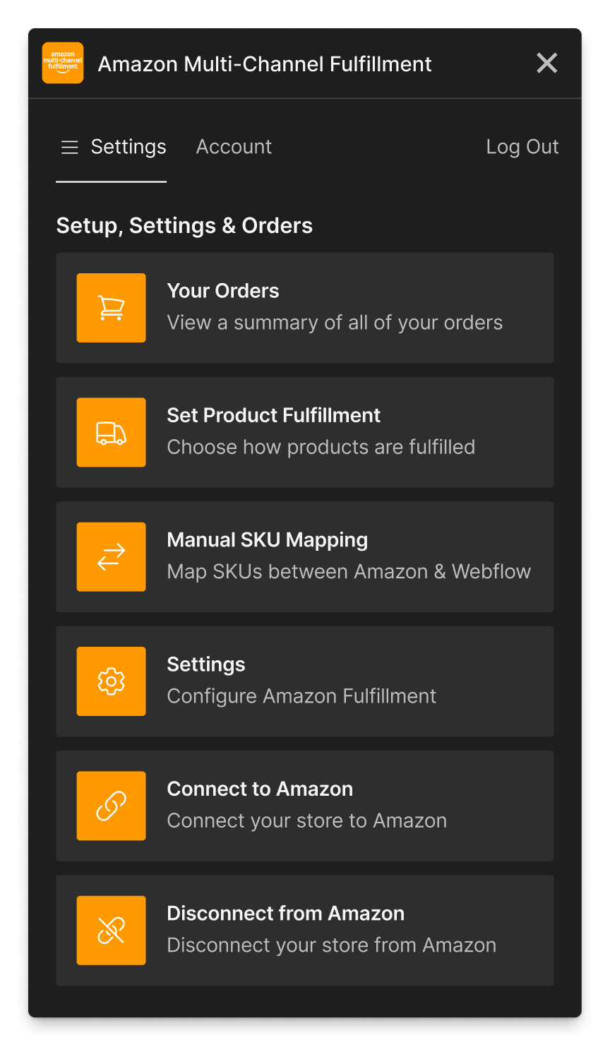 Amazon MCF app for Webflow ecommerce