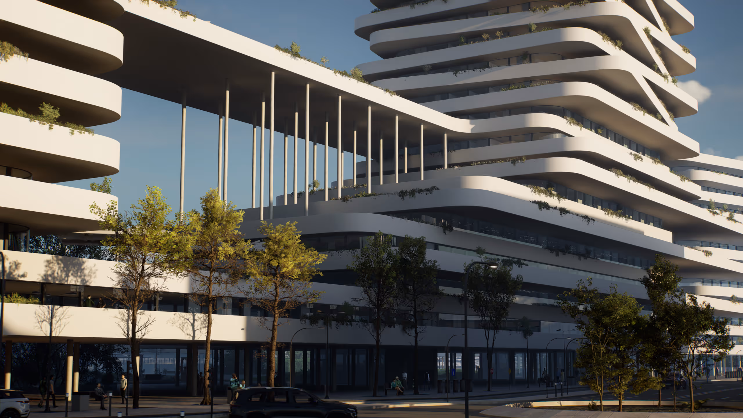 Large-scale architectural exterior visualization of a contemporary mixed-use building, highlighting urban context, structure, and spatial relationships.