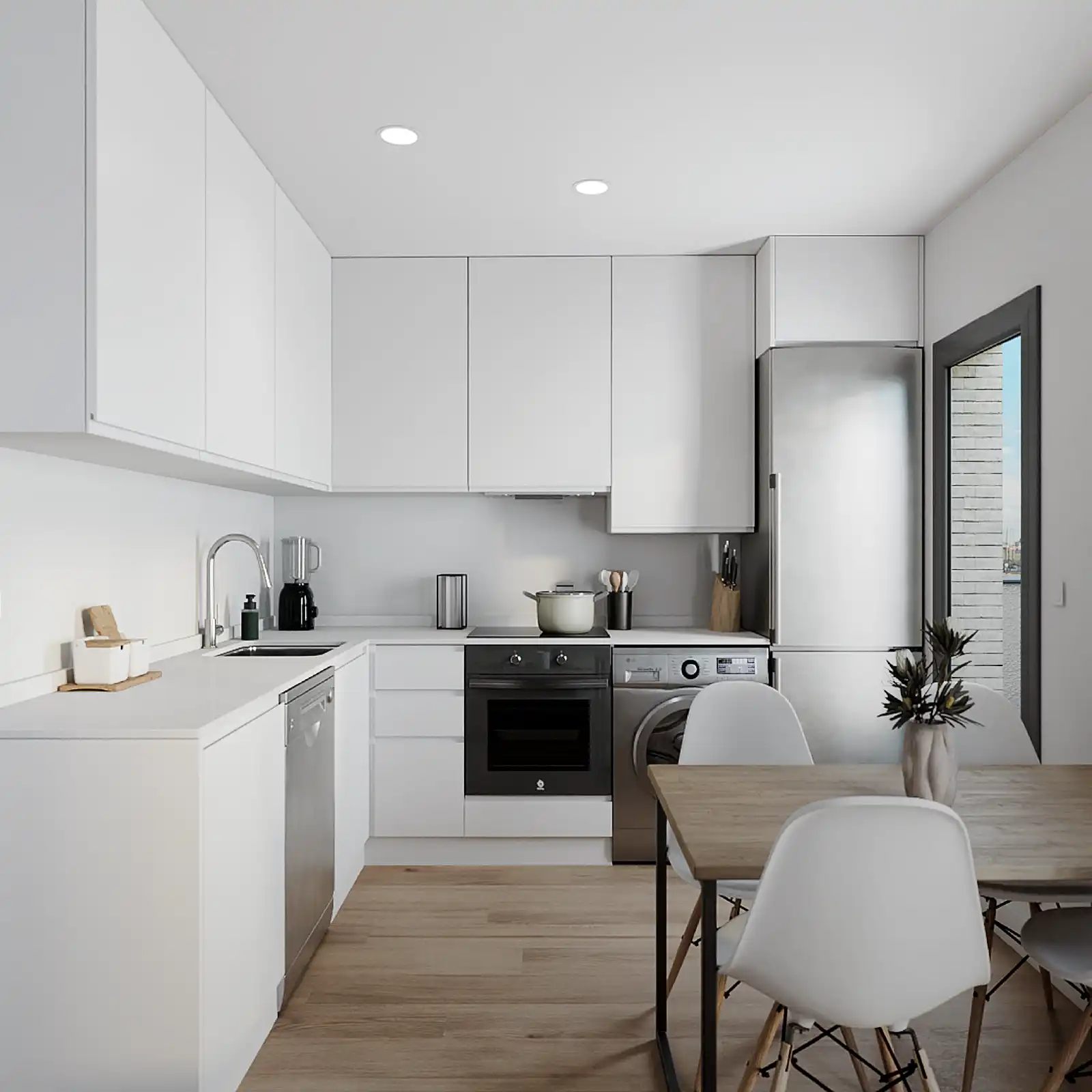 Photorealistic 3D visualization of a minimalist white kitchen for real estate marketing and pre-construction presentation.