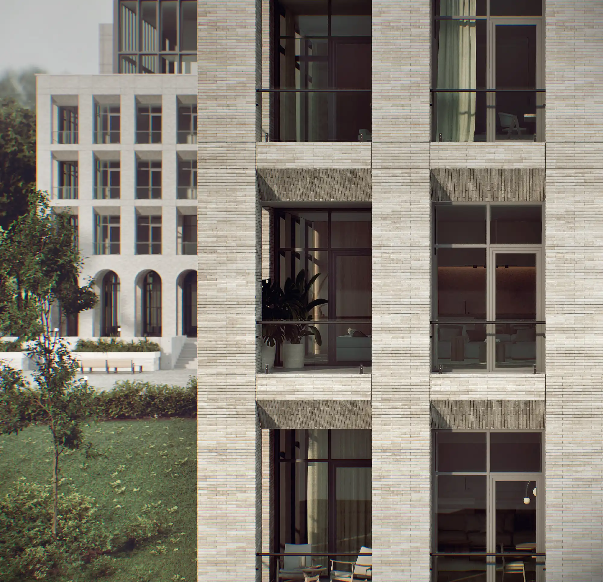 Architectural 3D visualization of a contemporary residential building, highlighting façade materials, window proportions, and spatial depth through realistic lighting and composition.