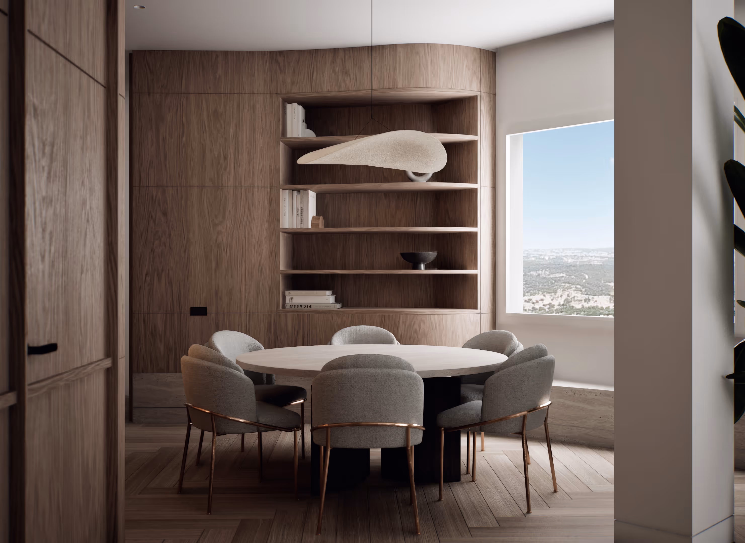 360° interior tour preview showing a photorealistic 3D-rendered dining area with a round table, upholstered chairs and custom wood shelving