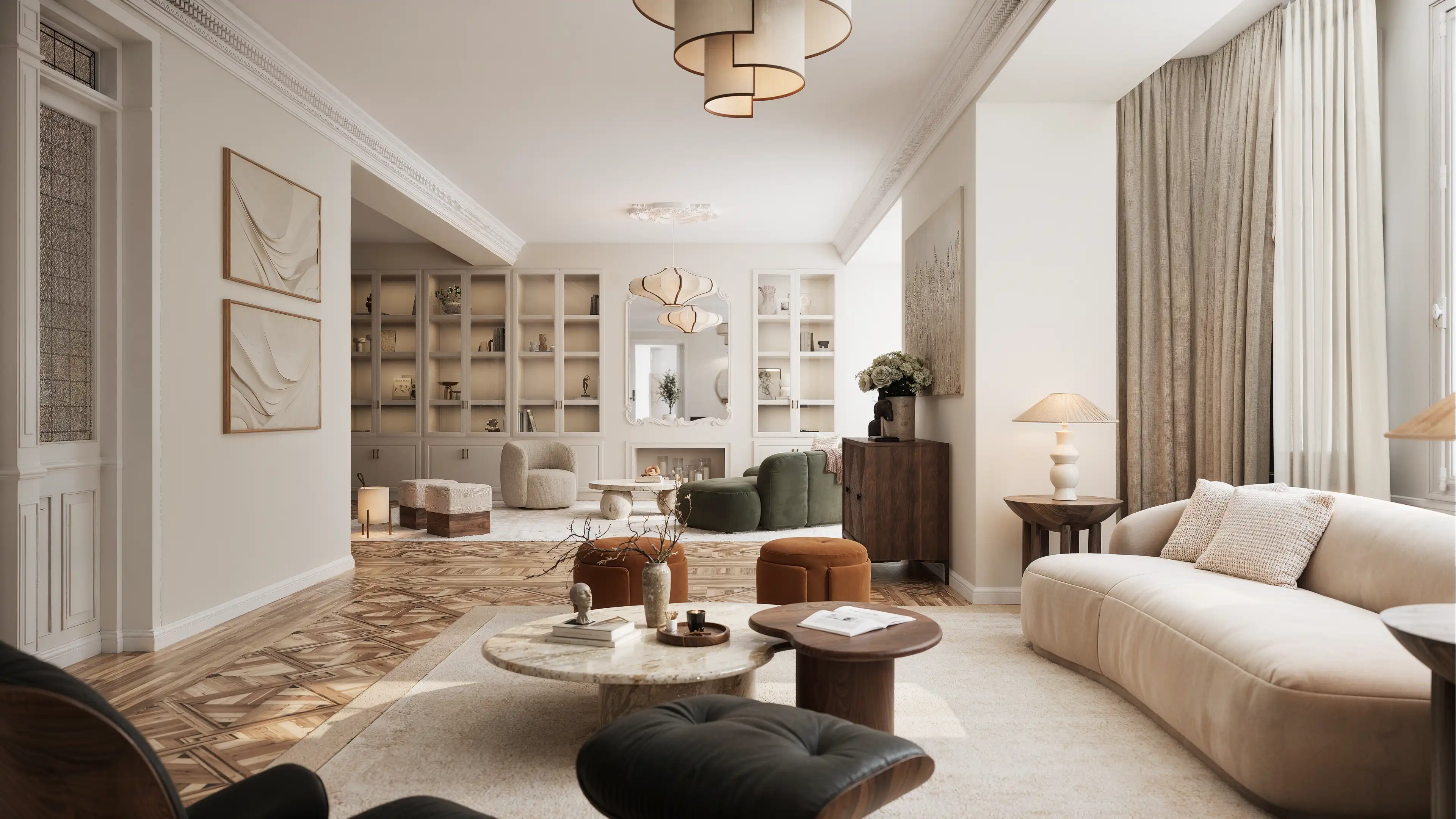 Living room with built-in shelves and neutral contemporary decor.