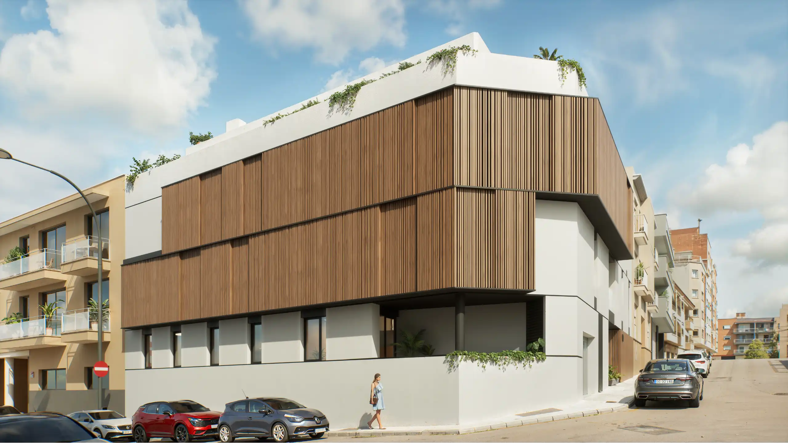 Contemporary residential building with wooden facade and corner volume.