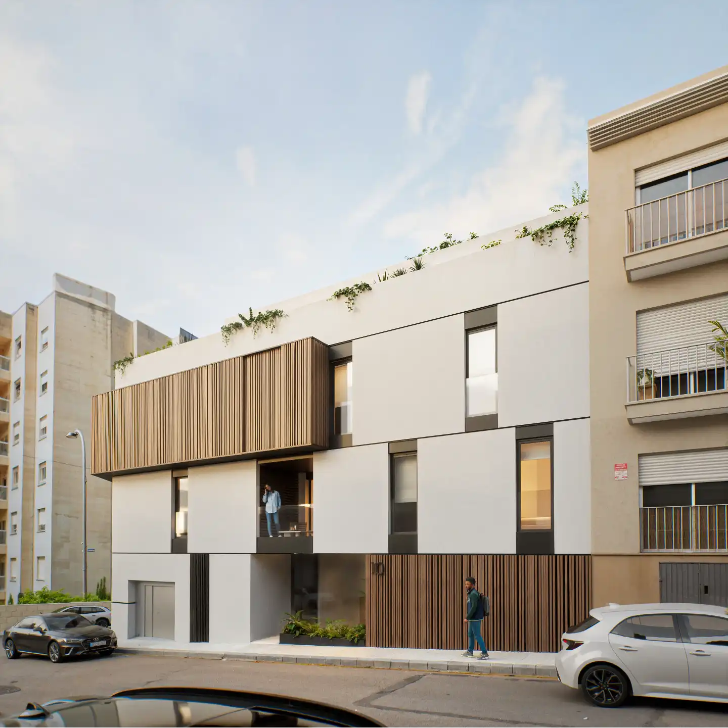 Street facade of residential building with wood panels and balconies.