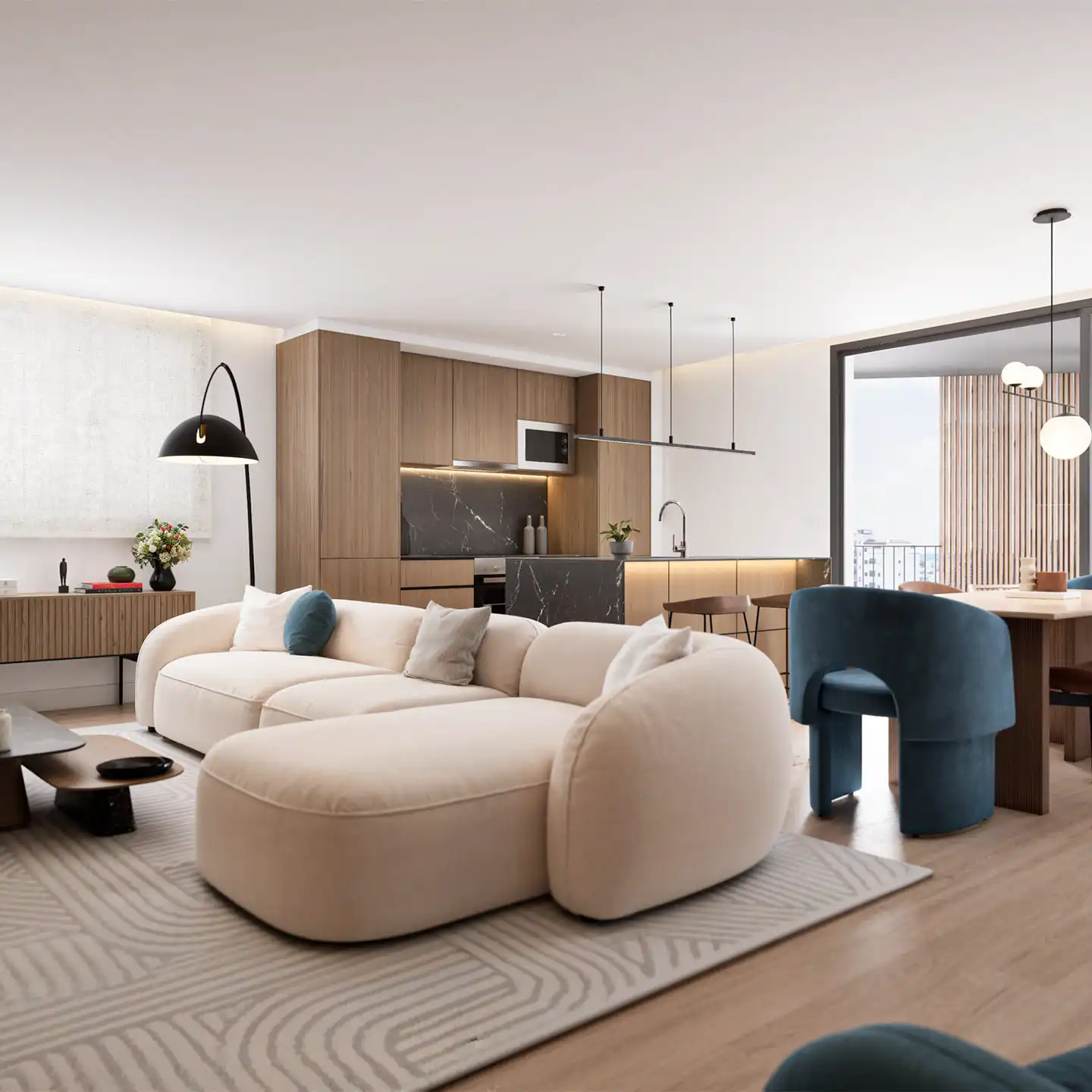 Open plan living room with kitchen island and terrace access.