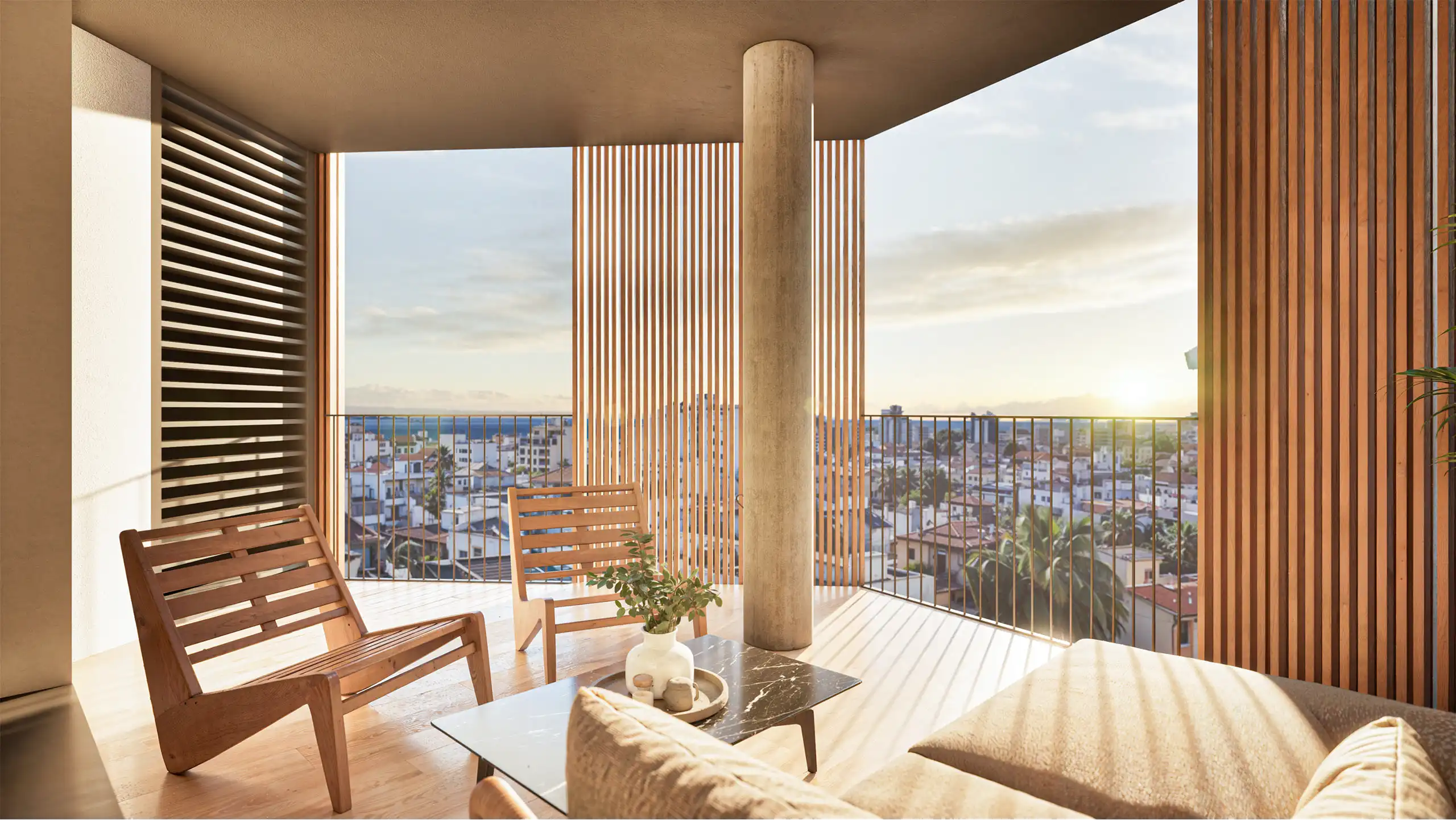 Covered terrace with wooden screens overlooking city skyline at sunset.